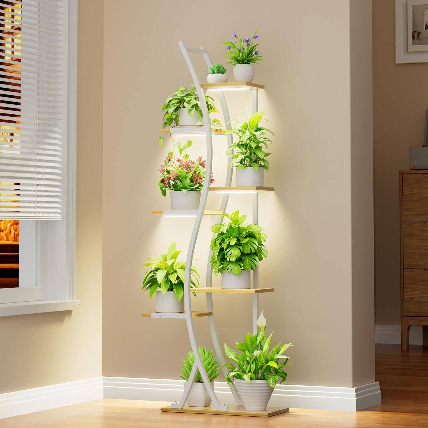 Angle. SlickBlue - Indoor Plant Stand with Metal Frame – Elegant Wood Finish Shelves for Home Organization - White.