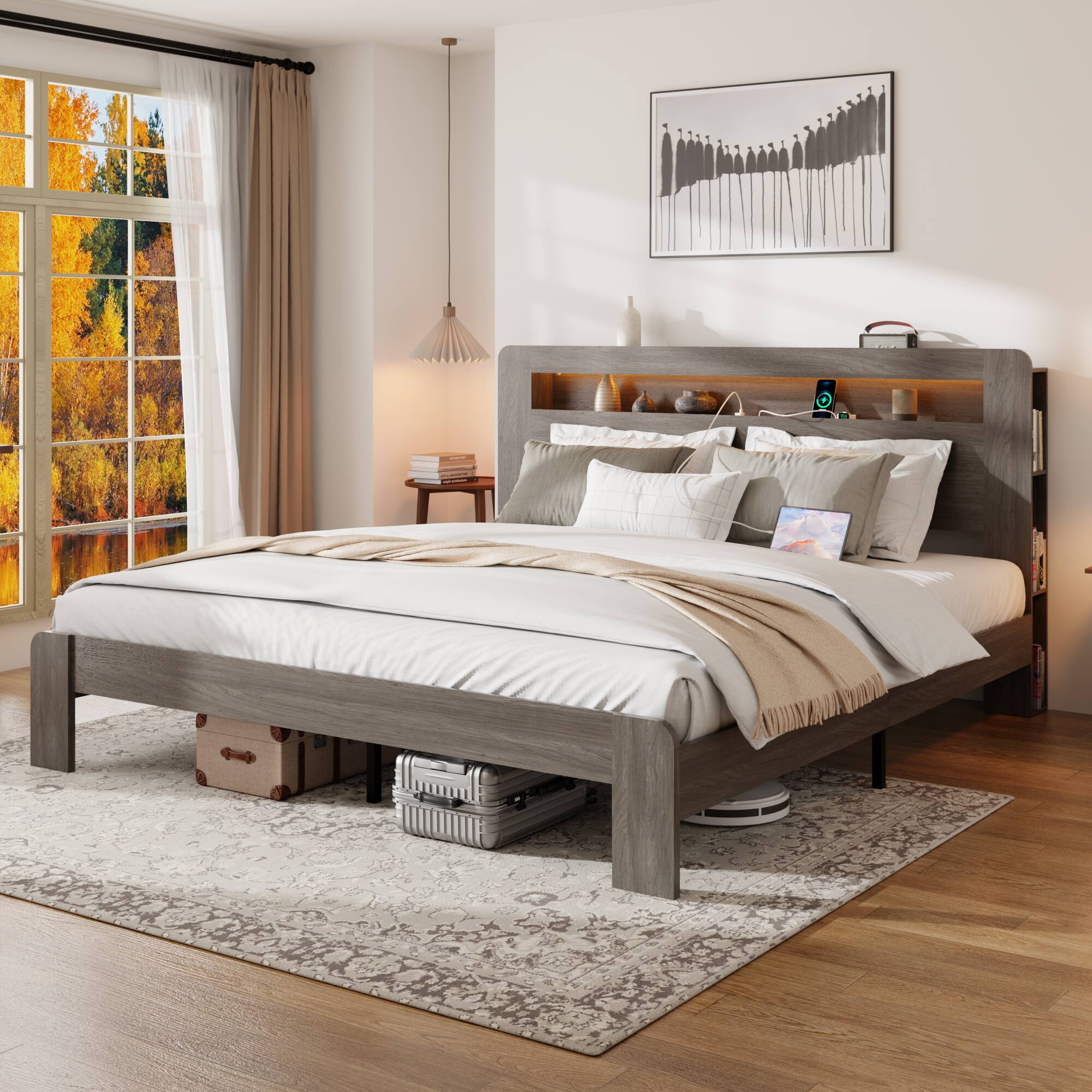 Angle. LUCKY ONE - King Size Bed Frame with Storage LED Light Headboard and 2 USB - Dawn Grey.