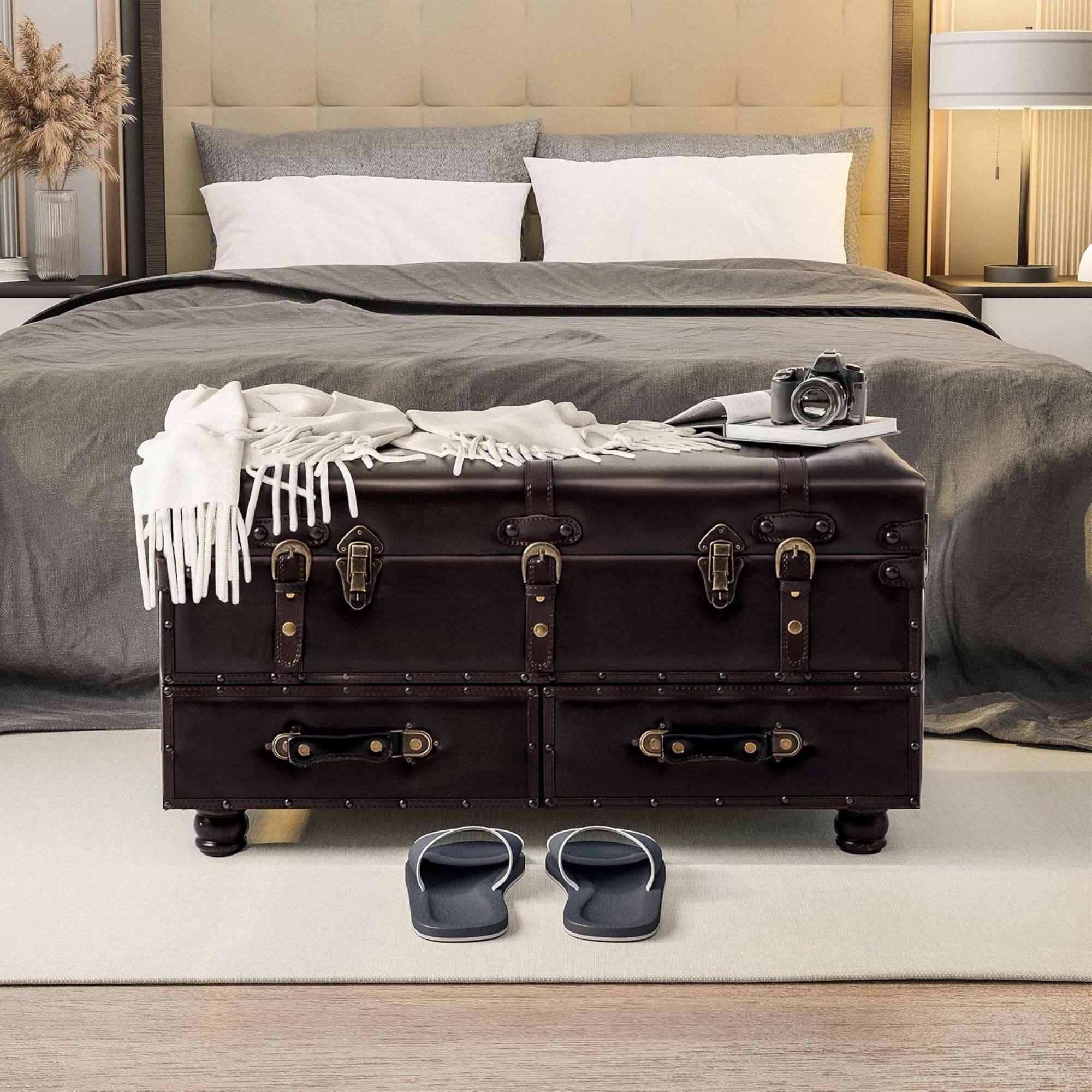 Alt View 6. COZAYH - COZAYH Vintage Storage Bench, Upholstered Wooden Ottoman Chest Box, Black Brown - Black Brown.