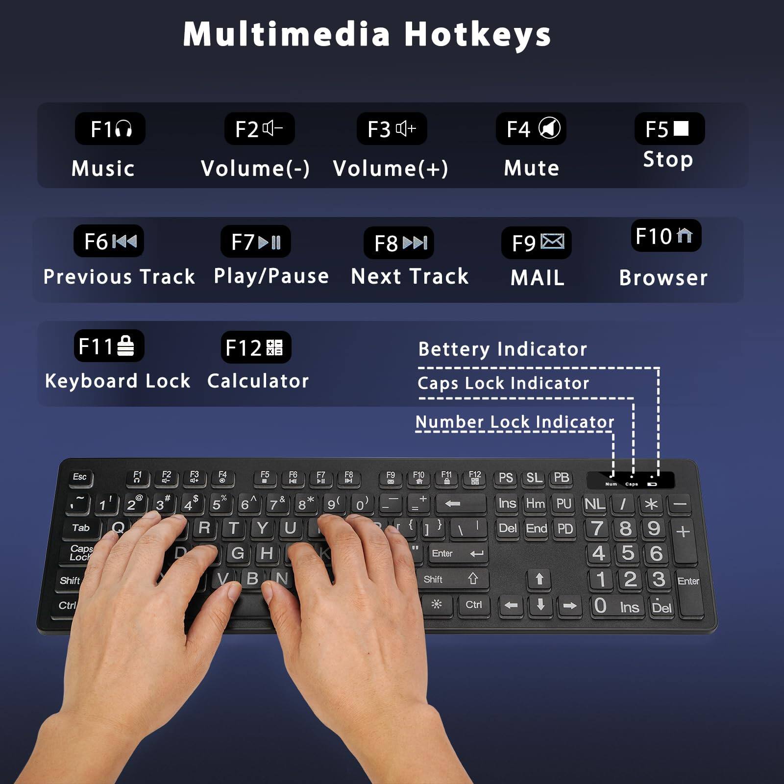 Multimedia Hotkeys

F1 Music  
F2 Volume(-)  
F3 Volume(+)  
F4 Mute  
F5 Stop  
F6 Previous Track  
F7 Play/Pause  
F8 Next Track  
F9 MAIL  
F10 Browser  
F11 Keyboard Lock  
F12 Calculator  

Battery Indicator  
Caps Lock Indicator  
Number Lock Indicator  

Esc 1 2 3 4 5 6 7 8 9 0  
Tab Q W E R T Y U I O P  
Caps Lock A S D F G H J K L ; '  
Shift Z X C V B N M , . /  
Ctrl  

PS SL PB  
Ins Hm PU NL / * -  
Del End PD 7 8 9 +  
Enter 4 5 6  
Shift 1 2 3  
Ctrl 0 Ins Del