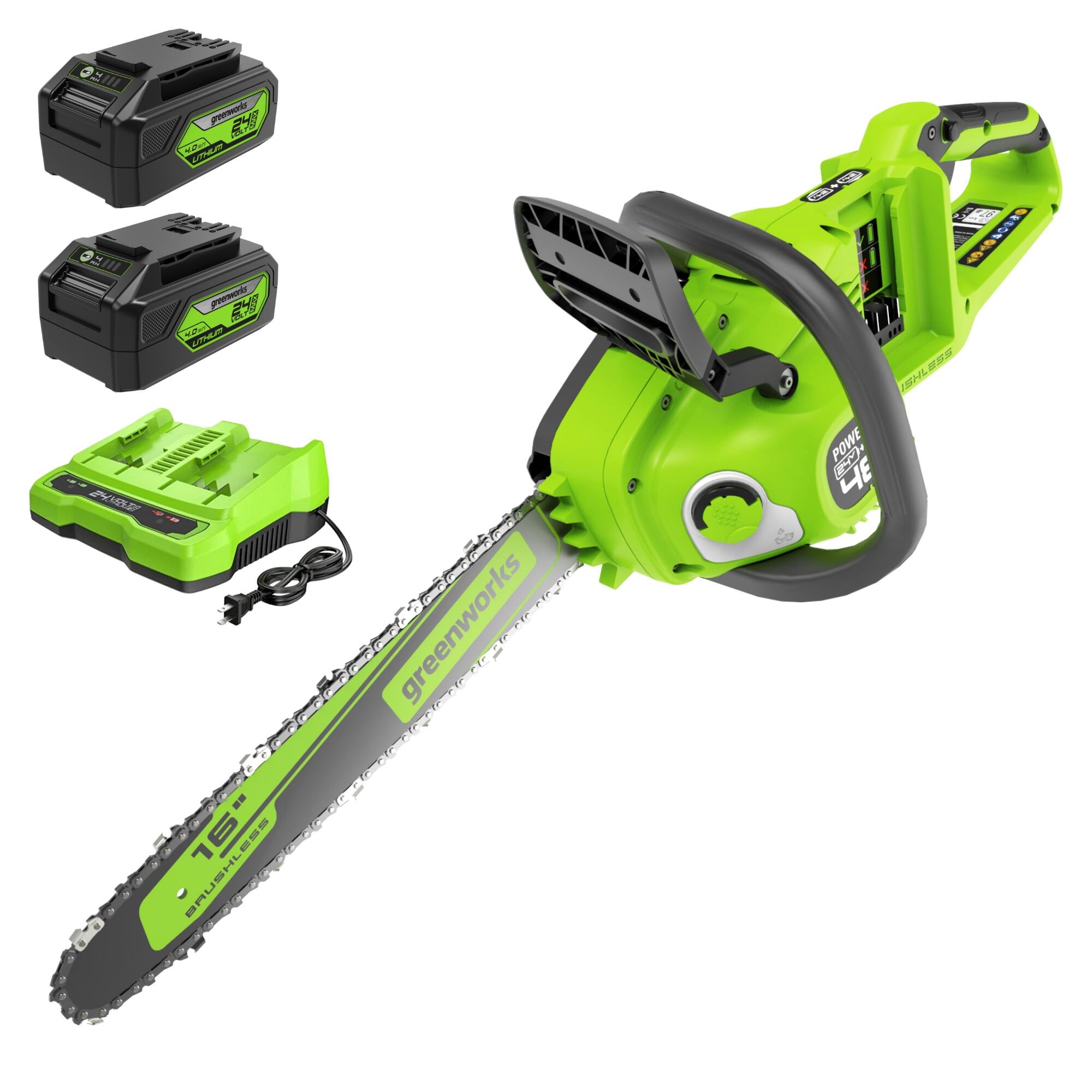 Greenworks 16" Brushless Chainsaw  
Greenworks 40V 4.0Ah Battery  
Greenworks 40V 4.0Ah Battery  
Greenworks 40V Charger