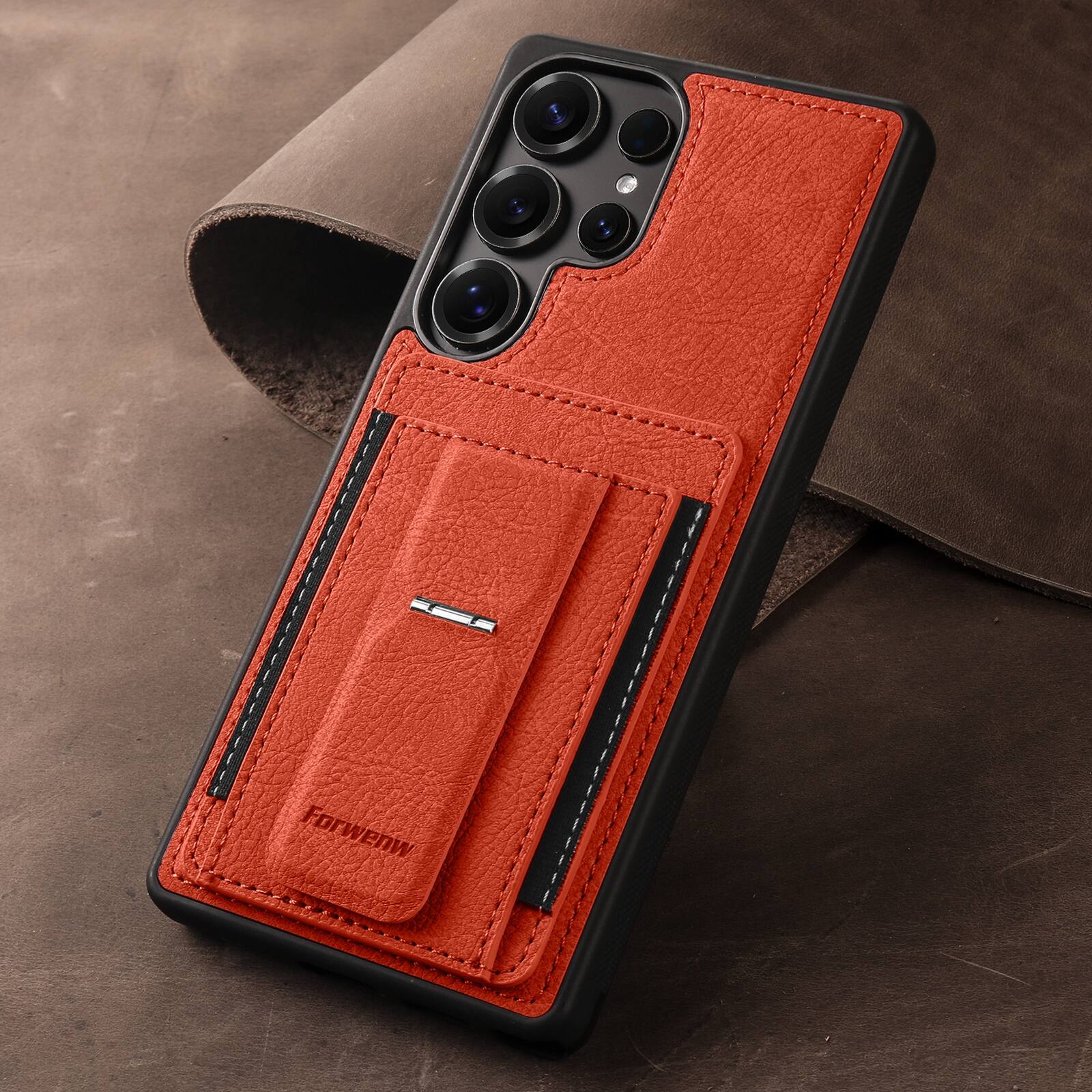 Back. Dteck - Slim Card Holder Case for Samsung Galaxy S26 Ultra, Shockproof Wallet Protective Cover with Kickstand - Orange.