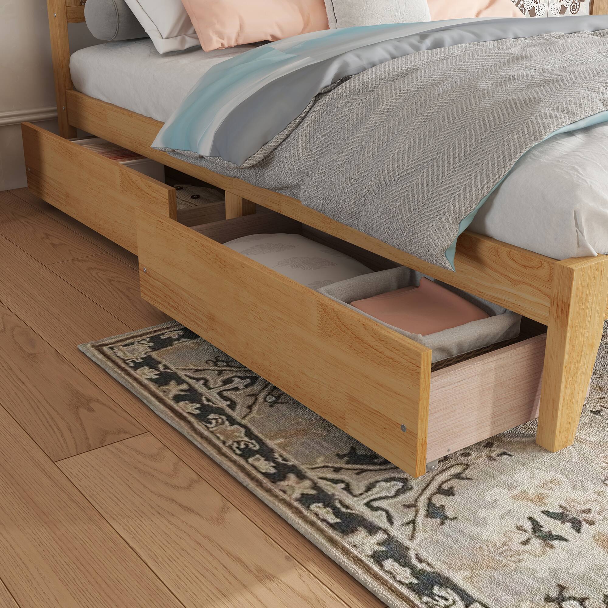 Alt View 7. GOODSILO - Full Size Bed with Rattan Headboard and Two Storage Drawers, Solid Wood Frame with Enhanced Support Slats - White Oak.