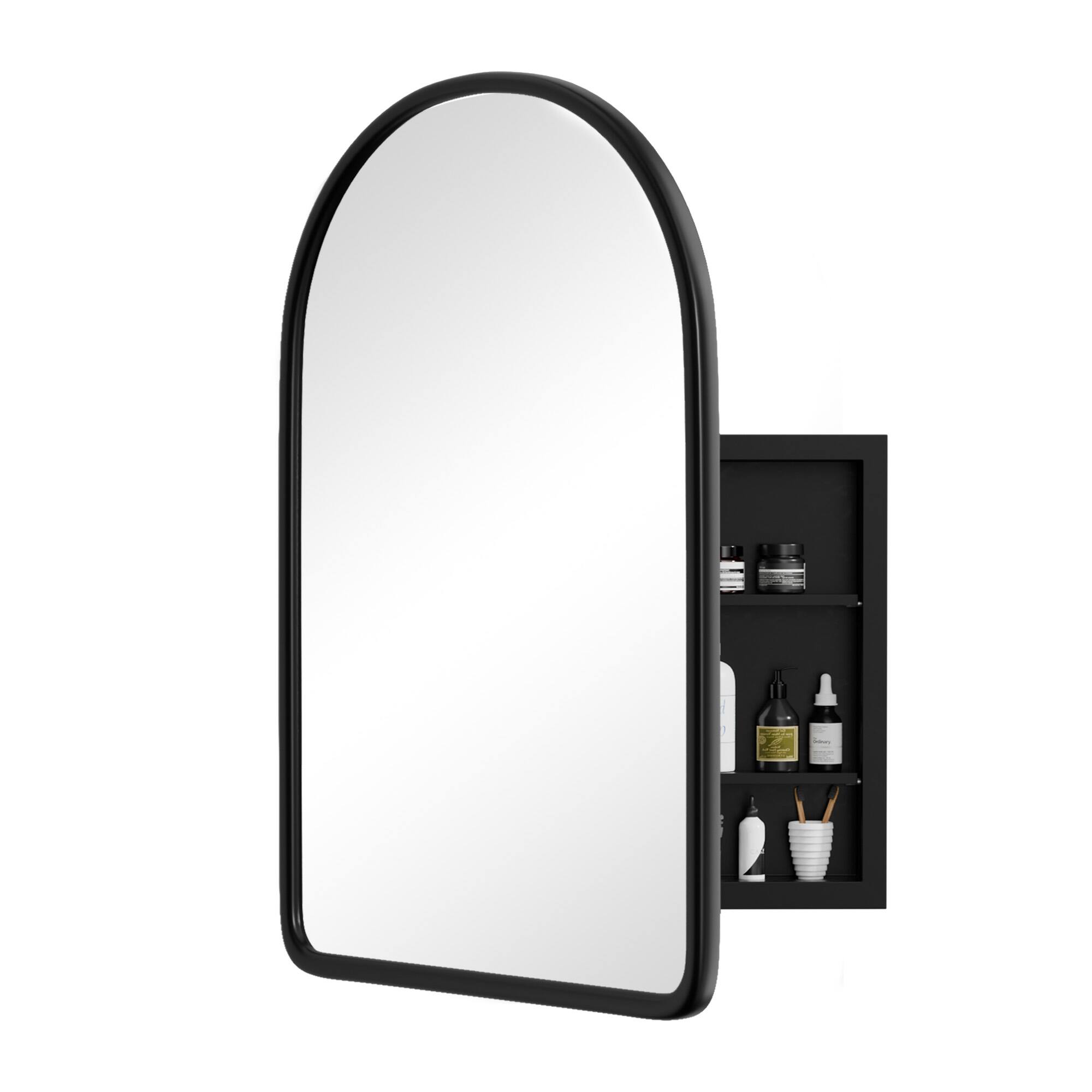 Left. PexFix - 24" x 35.8" Arch Bathroom Mirror Medicine Cabinet with Adjustable Shelves - Wood Frame, Recessed or Surface Mount - Black.