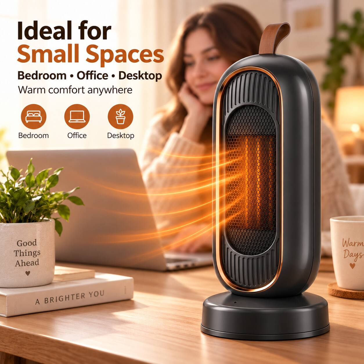 Ideal for Small Spaces  
Bedroom • Office • Desktop  
Warm comfort anywhere  

Bedroom  
Office  
Desktop  

Good Things Ahead  
Warm Days  
A BRIGHTER YOU