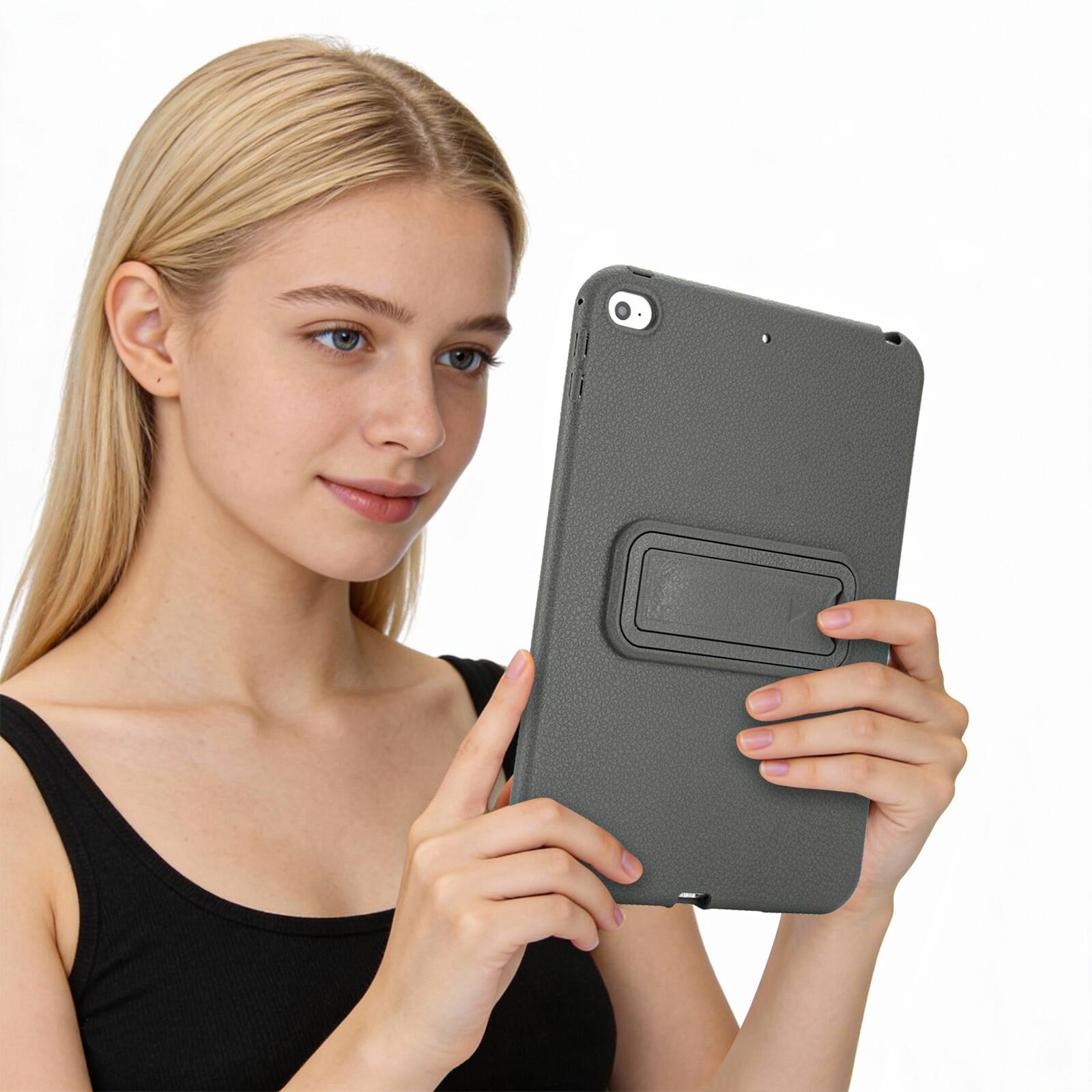 Alt View 2. Dteck - Shockproof Case for Apple iPad mini (5th Generation) 2019, Slim Leather Texture Protective Cover with Folding Kickstand - Gray.