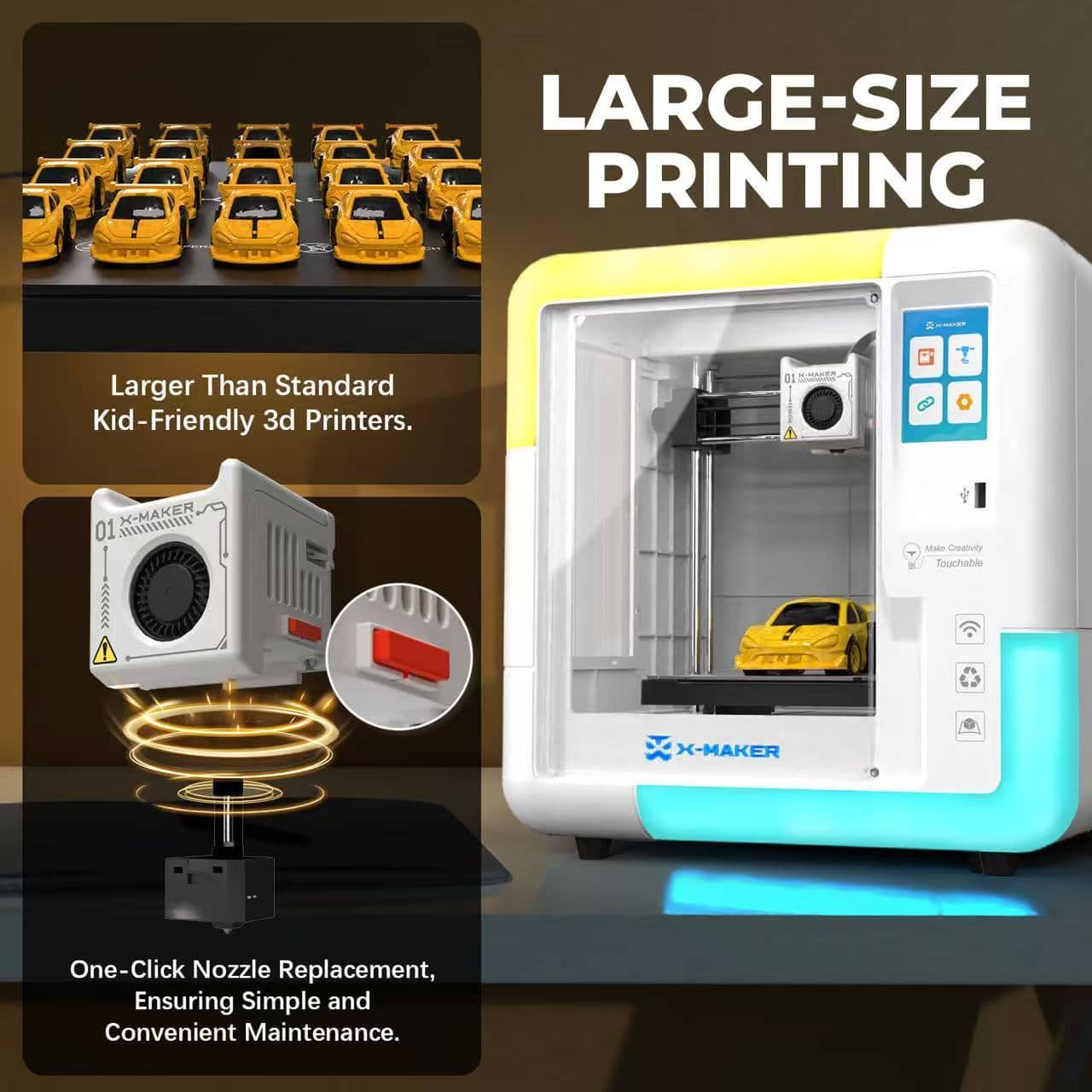LARGE-SIZE PRINTING
Larger Than Standard Kid-Friendly 3D Printers.
One-Click Nozzle Replacement, Ensuring Simple and Convenient Maintenance.