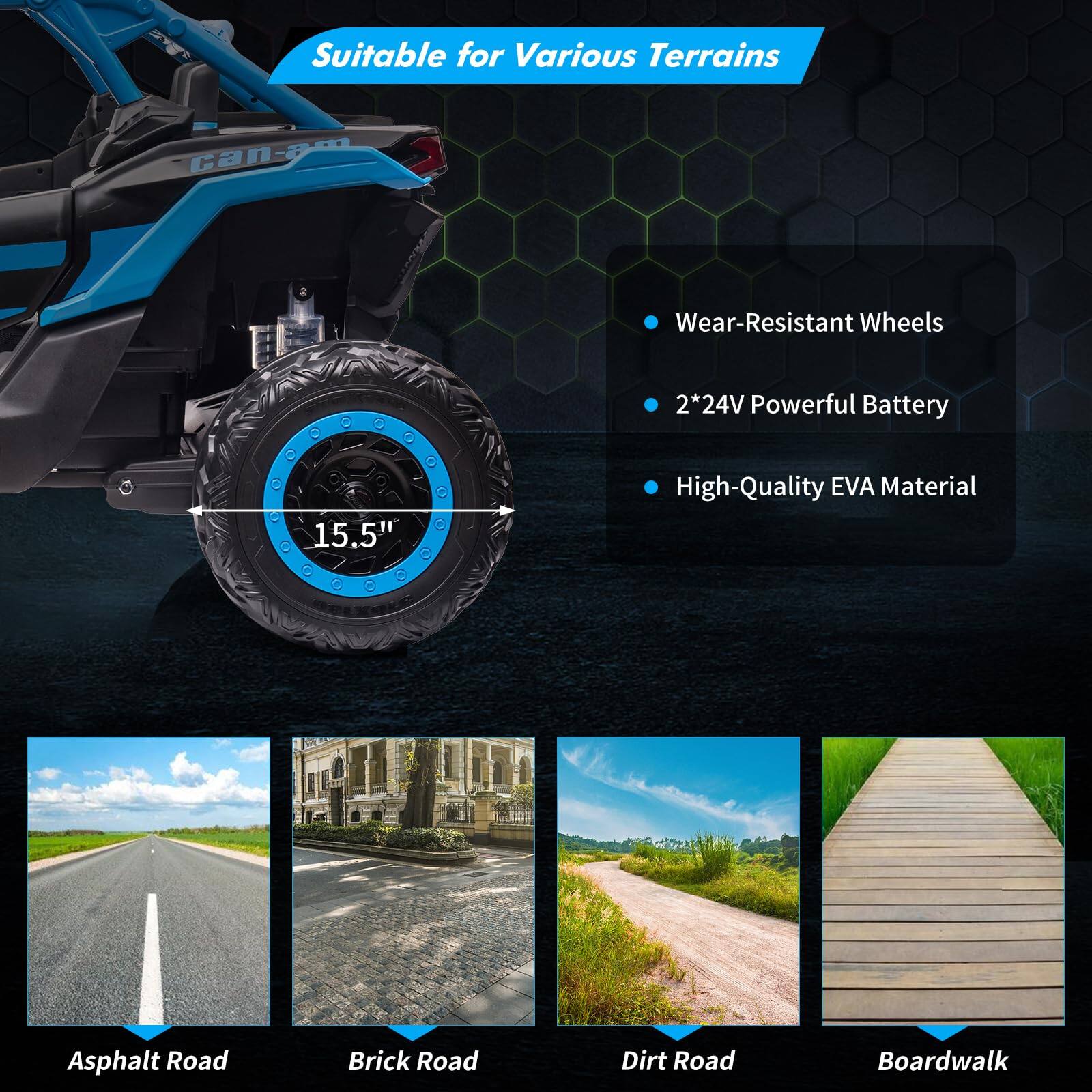 Suitable for Various Terrains

- Wear-Resistant Wheels
- 2*24V Powerful Battery
- High-Quality EVA Material

15.5"

Asphalt Road

Brick Road

Dirt Road

Boardwalk