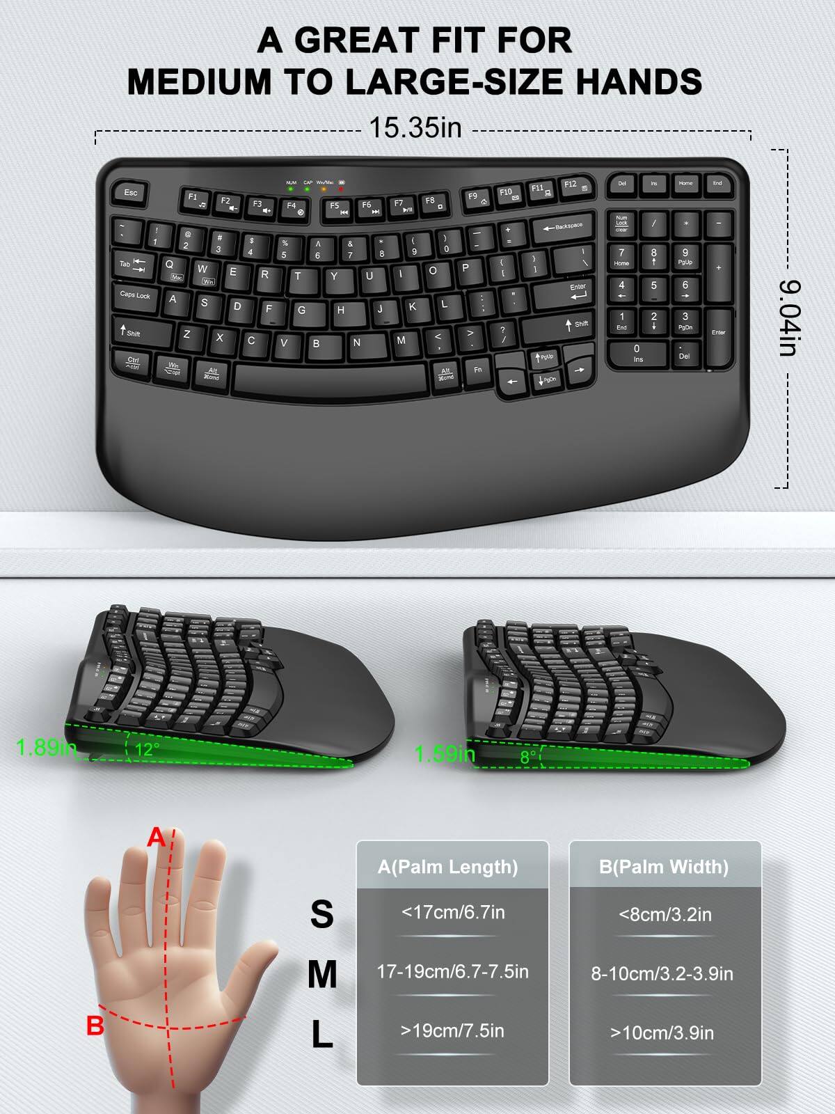 HESVAP Ergonomic Wireless Keyboard with Wrist Rest, Wave Keys, Full ...