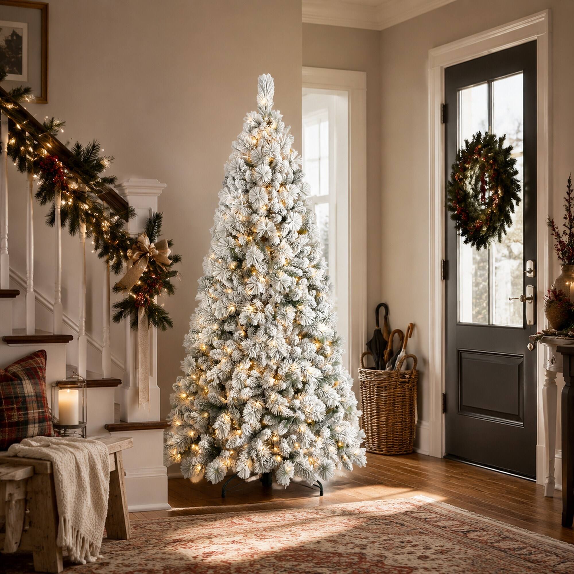 Alt View 1. RYHNUYNE - 4FT Flocked Pre-Lit Christmas Tree, 150 Warm White LED Lights 350 Tips PVC Hard Needle Hinged Design Sturdy Metal Stand - Green,White.