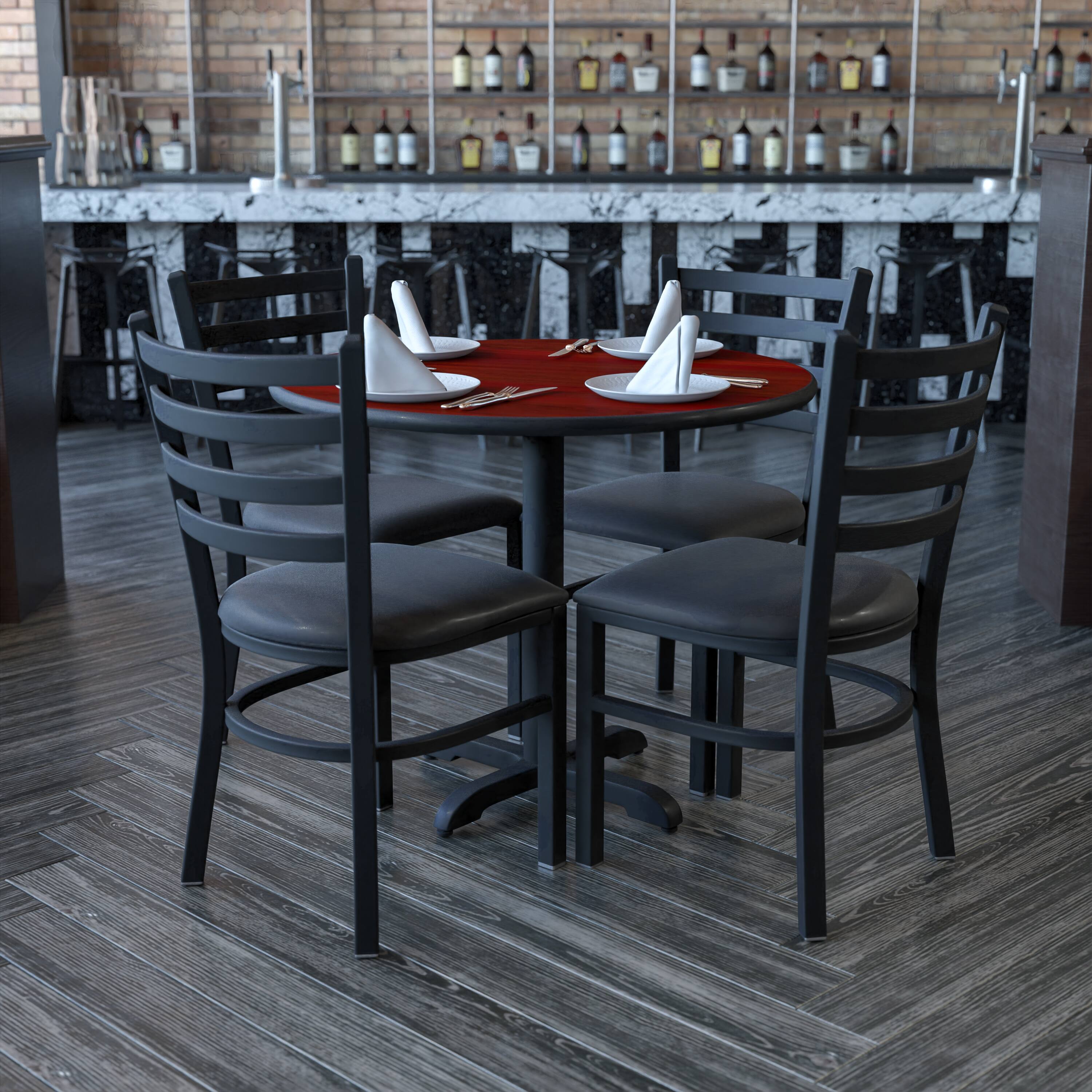 Angle. Flash Furniture - Carlton 36'' Round Black Laminate Table Set with X-Base and 4 Ladder Back Metal Chairs - Black Vinyl Seat - Black.