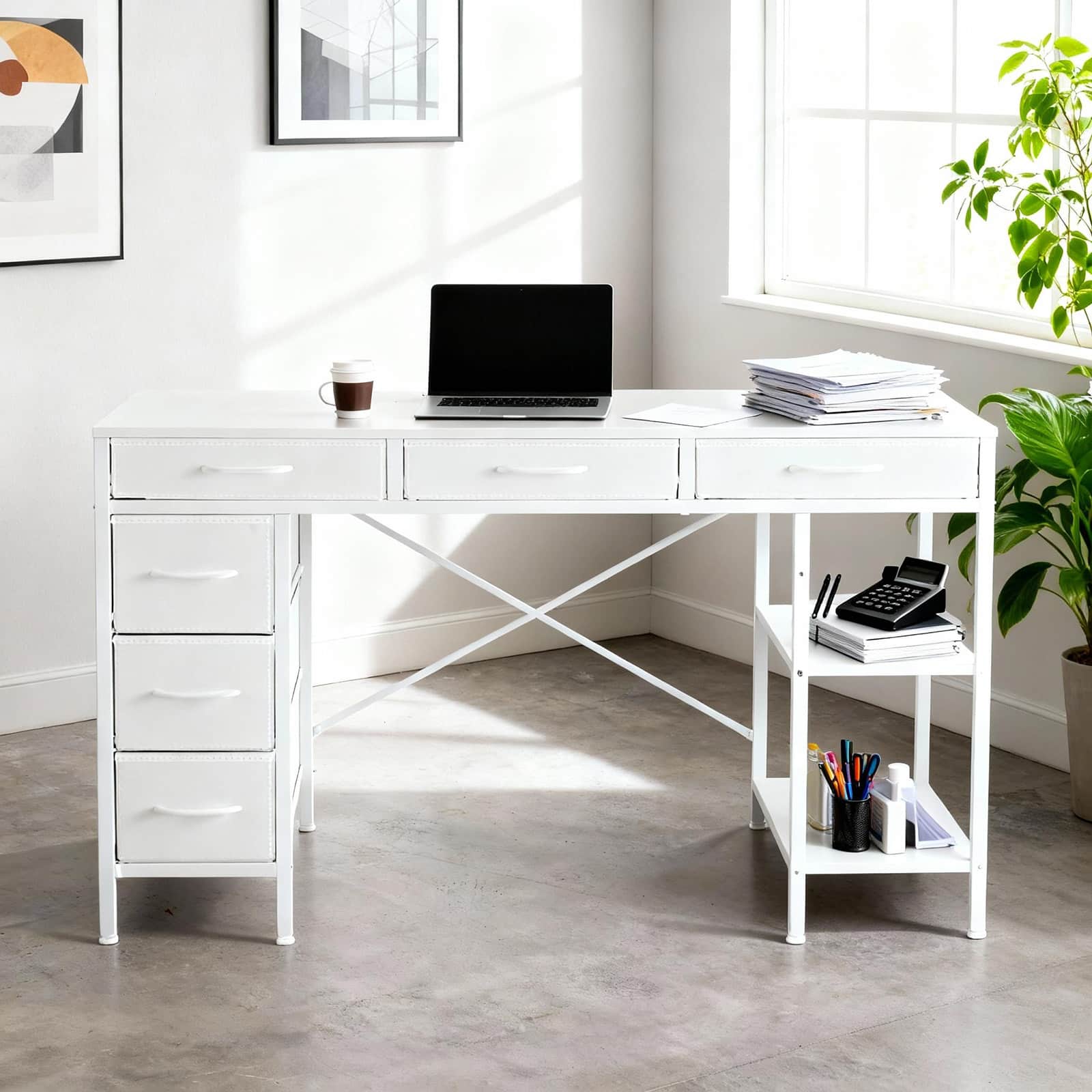 Bestier 55 inch Computer Desk with 6 Fabric Drawers, Adjustable