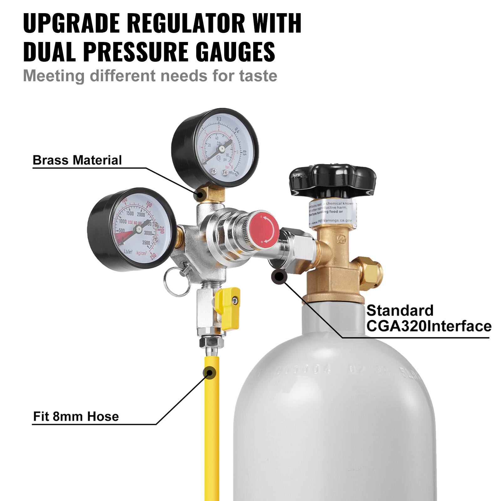 UPGRADE REGULATOR WITH DUAL PRESSURE GAUGES  
Meeting different needs for taste  

Brass Material  

Standard CGA320 Interface  

Fit 8mm Hose