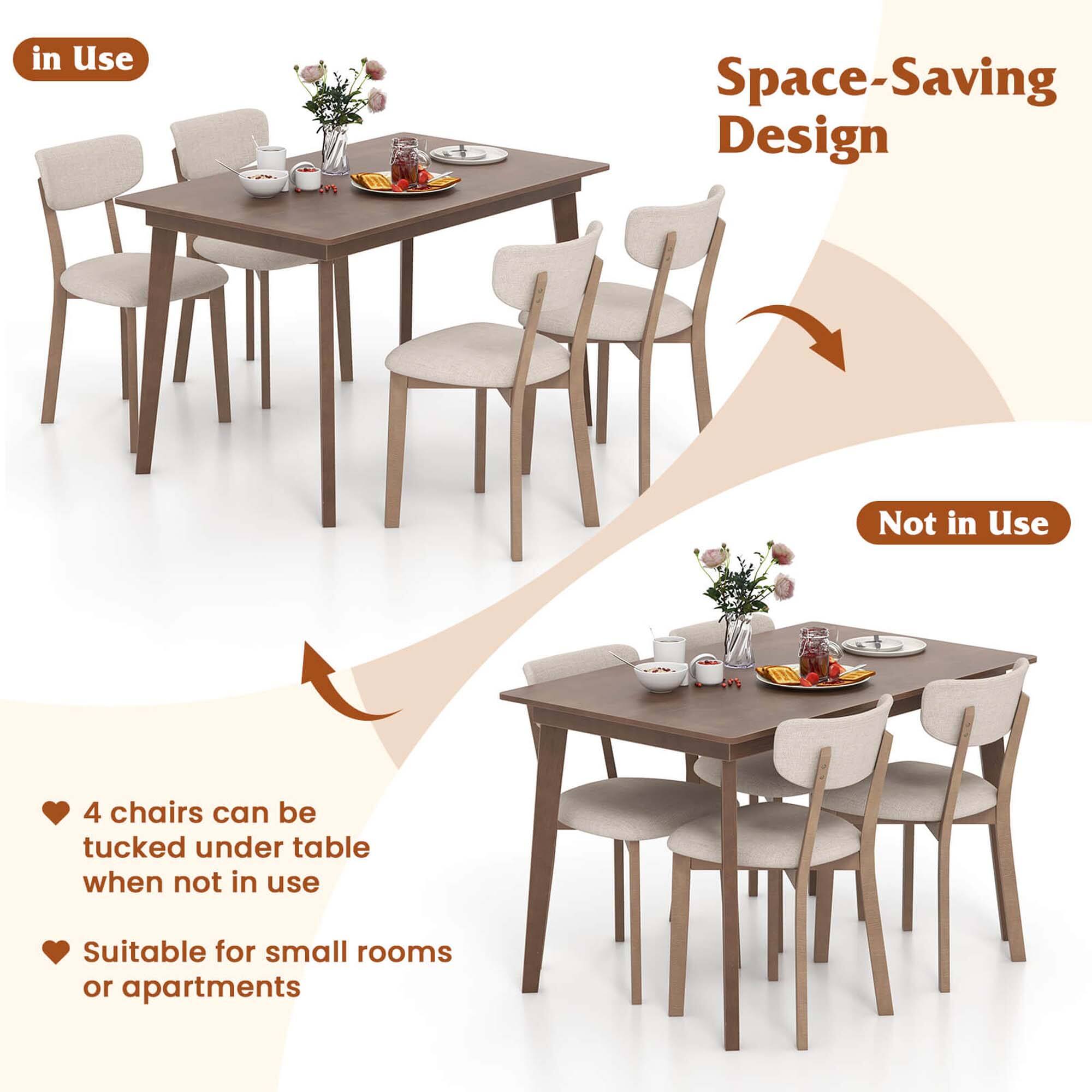 The text on the image suggests that the space-saving design is suitable for small rooms or apartments, as it allows for the tucking of four chairs under the table when not in use. This design is particularly useful in tight spaces where maximizing floor space is essential.