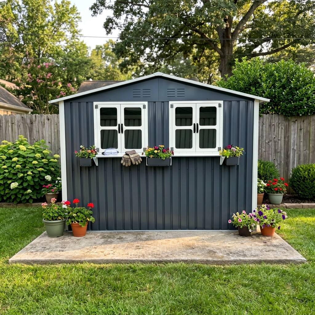 Angle. Loheer - Loheer 6x9 Outdoor Metal Storage Shed with Window Flower Rack Lockable Double Doors Coal Gray Tool Shed.
