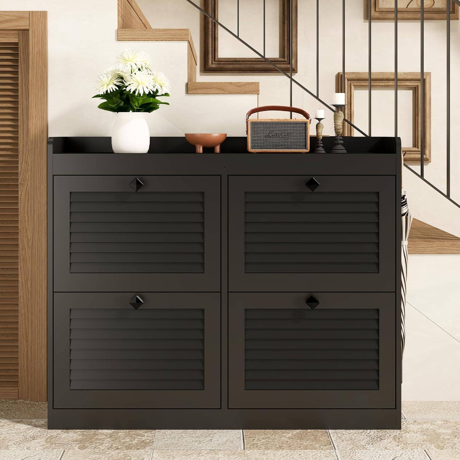 Alt View 2. Acekool - Large Rattan Shoe Storage Cabinet with 4 Flip Drawers, Freestanding Narrow Shoe Rack with Wooden Legs, Black - Black.