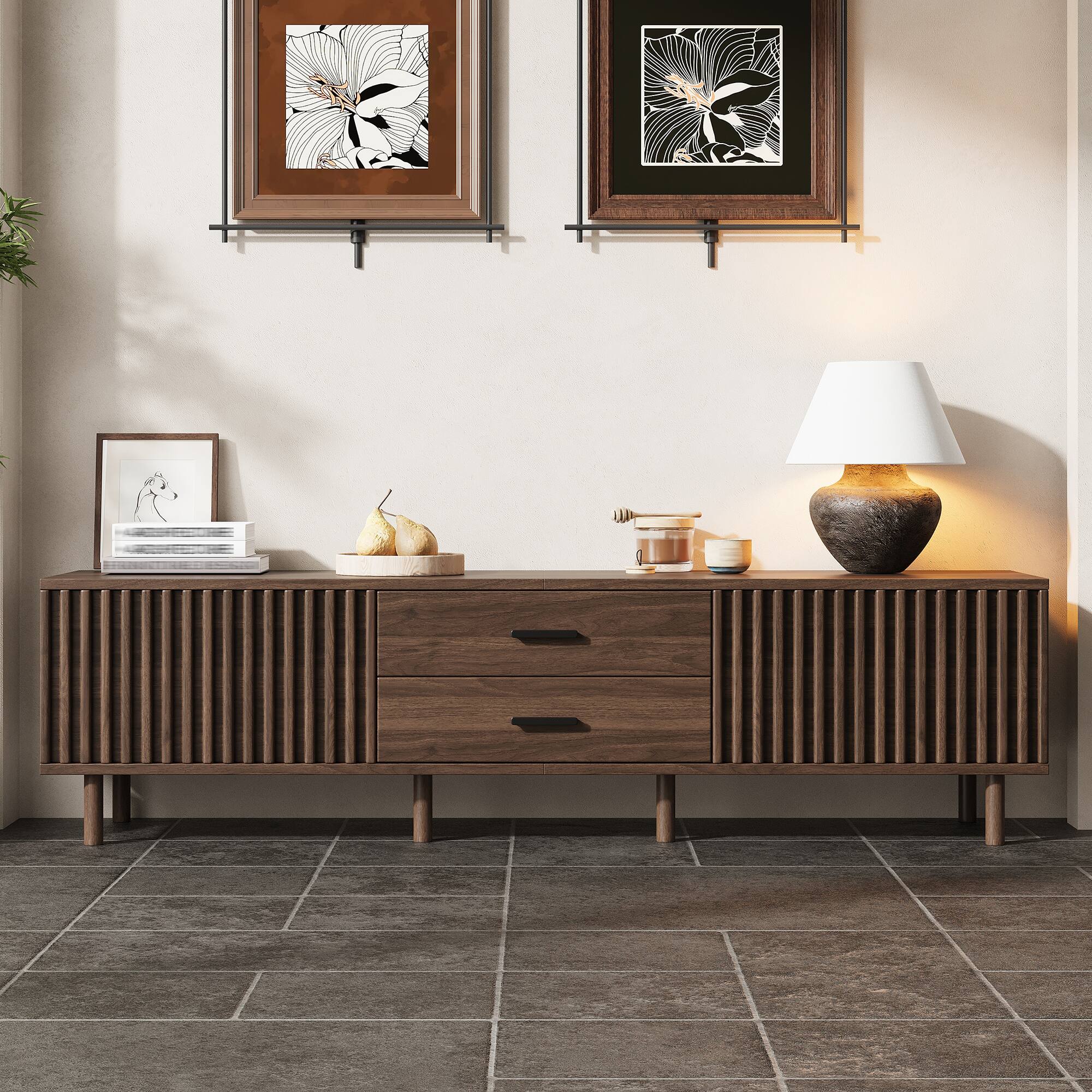 Left. MERAVOM - Modern TV Stand for TVs up to 80", Entertainment Center with Storage Cabinets, 2 Drawers, Media Console for Living Room - Walnut.