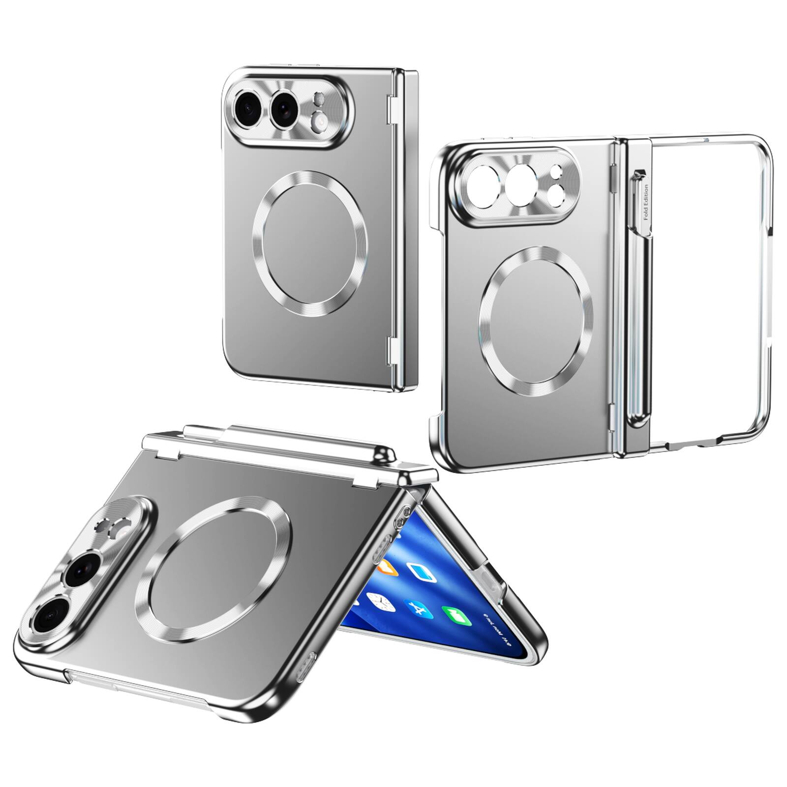 Angle. UUCOVER - For Apple iPhone Duo Magnetic Electroplated Case with Screen Protector, Dual Magnetic Hinge Cover, Pen Slot and a Stylus - Silver.