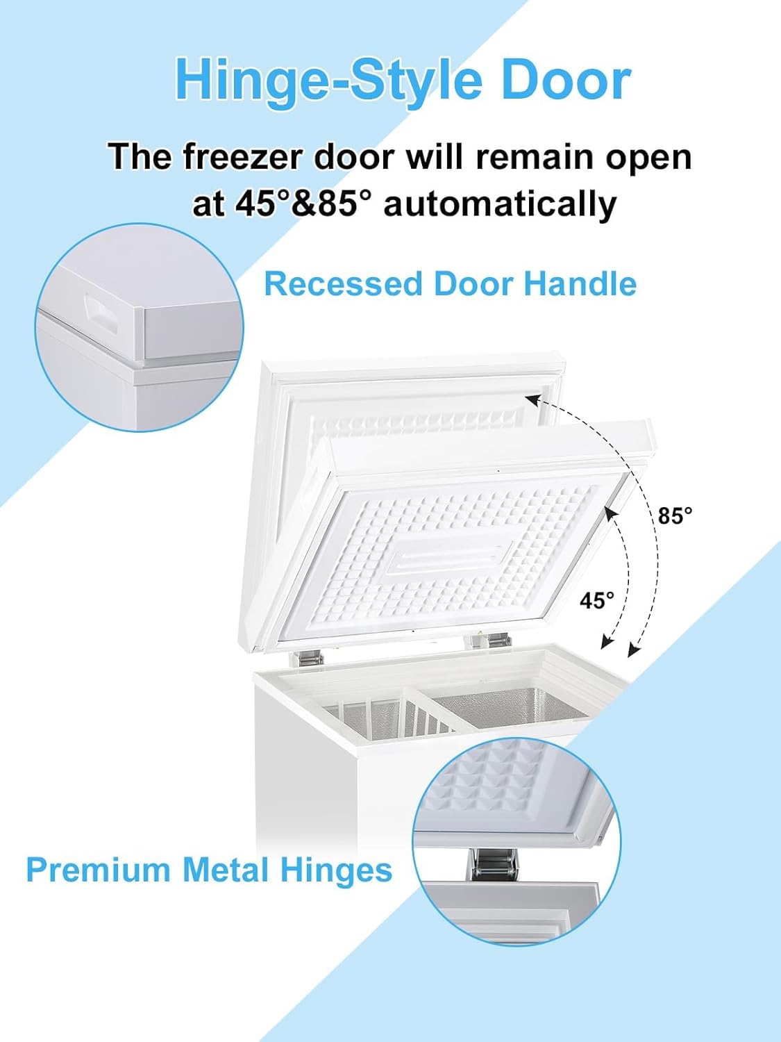 Hinge-Style Door  
The freezer door will remain open at 45°&85° automatically  
Recessed Door Handle  
Premium Metal Hinges