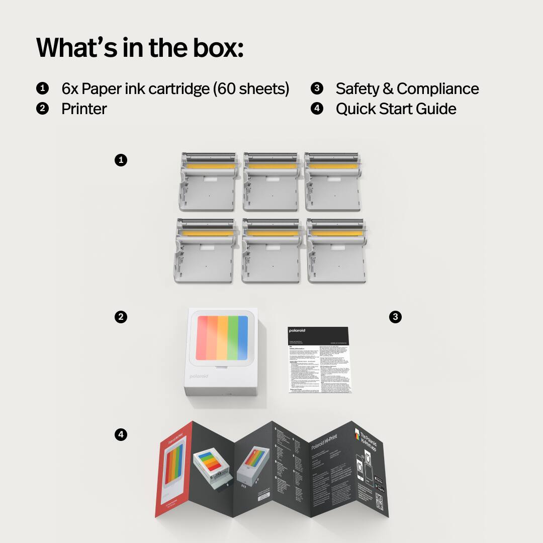 What's in the box:

1. 6x Paper ink cartridge (60 sheets)
2. Printer
3. Safety & Compliance
4. Quick Start Guide