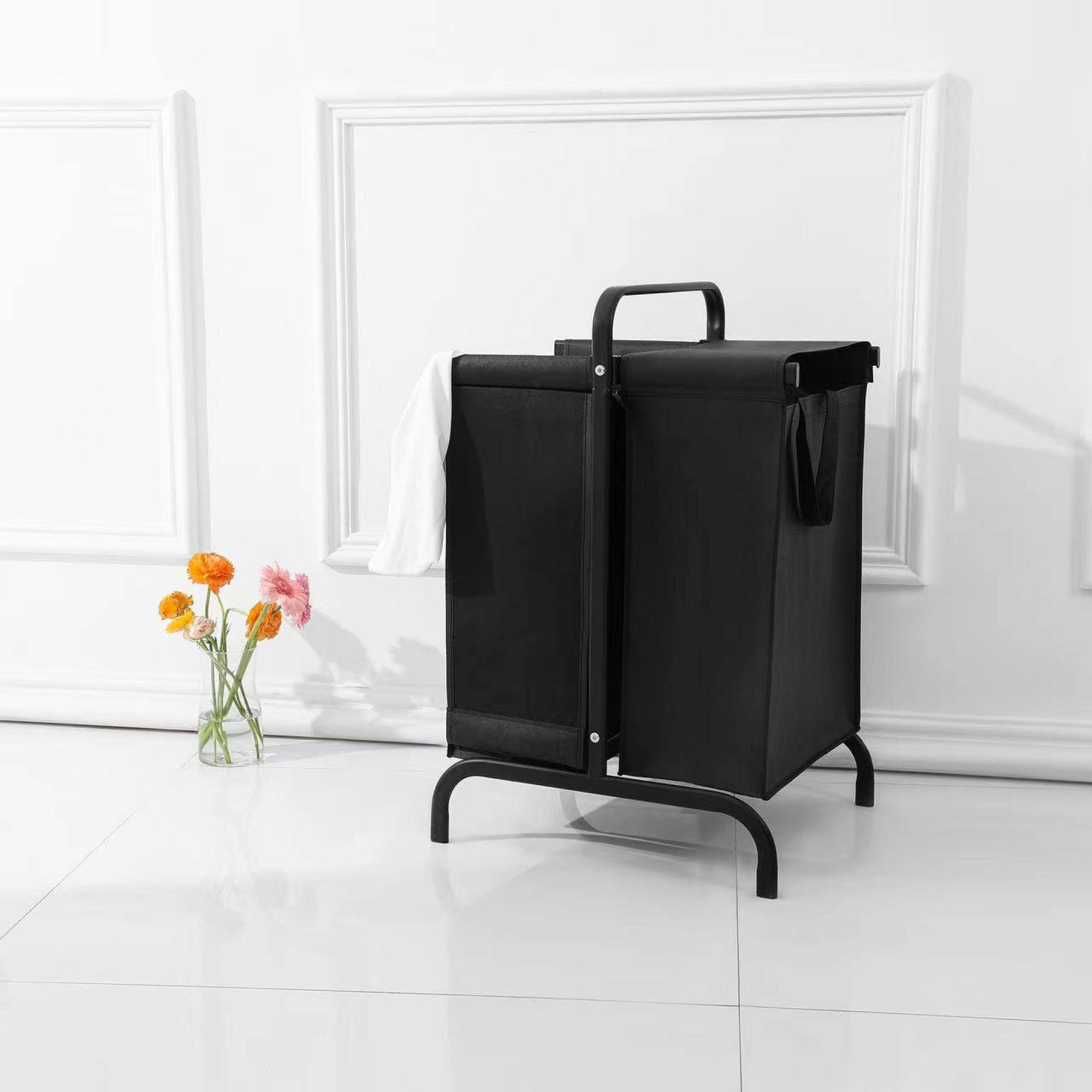 Front. ELEMENT ACE - Large Two-Tier Laundry Hamper with Sorting Cards and Lid for Efficient Clothes and Toys Storage - Black.