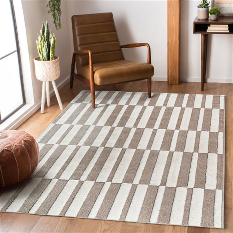 Angle. HTUTWOO - 7'9''x 10' Area Rug - Cream Indoor Carpet, Modern Geometric Pattern, Non Shedding, for Bedroom, Kitchen, Living Room - Trellis Cream.