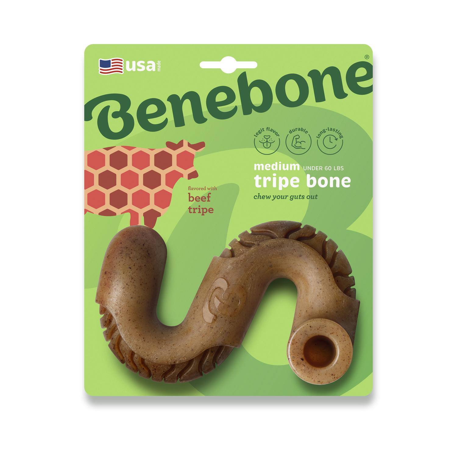 usa made Benebone legit flavor durable long-lasting medium UNDER 60 LBS tripe bone flavored with beef chew your guts out