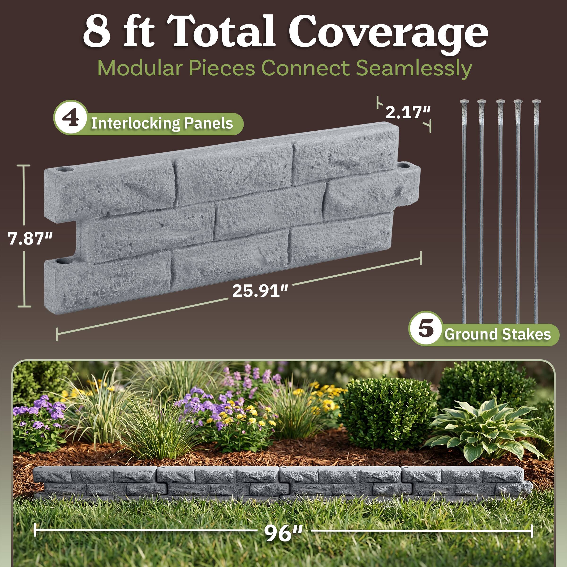8 ft Total Coverage  
Modular Pieces Connect Seamlessly  

4 Interlocking Panels  
2.17"  
7.87"  
25.91"  

5 Ground Stakes  
96"