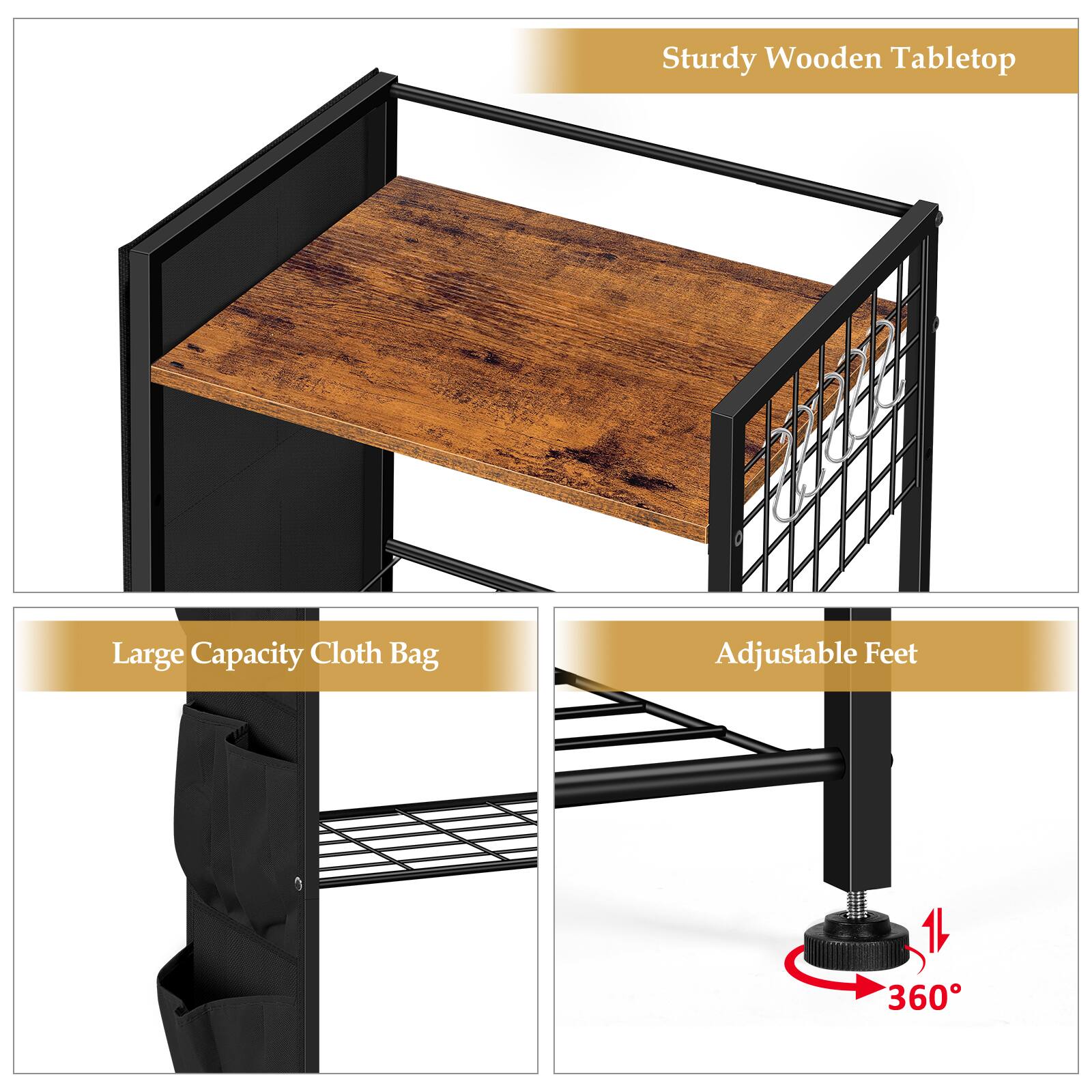 Sturdy Wooden Tabletop  
Large Capacity Cloth Bag  
Adjustable Feet 360°
