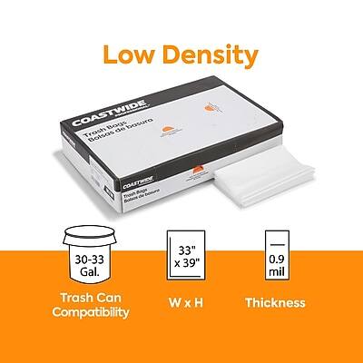 Low Density  
COASTWIDE  
Trash Bags  
Bolsa de basura  
30-33 Gal.  
33" x 39"  
0.9 mil  
Trash Can Compatibility  
W x H  
Thickness