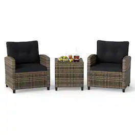 Gymax - 3 Piece Patio Furniture Set Rattan Conversation Set w/Soft Seat & Back Cushions Mix Brown - Black