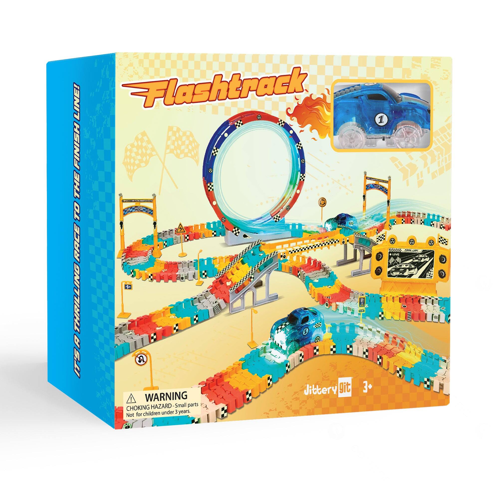 Flashtrack  
RACE TO THE FINISH LINE!  
IT'S A THRILLING RACE!  
Jittery Git 3+  
WARNING: CHOKING HAZARD - Small parts. Not for children under 3 years.