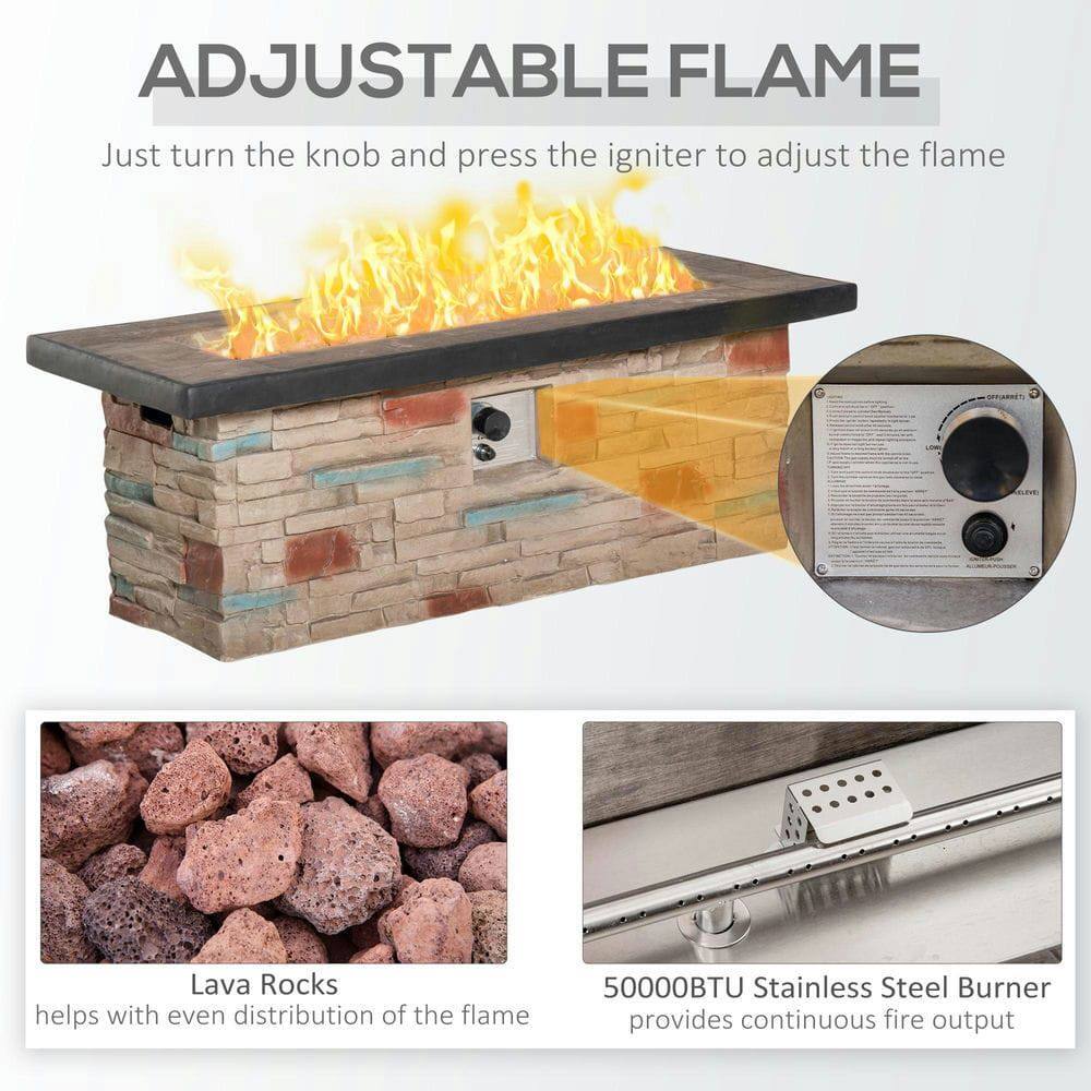 **ADJUSTABLE FLAME**

- Just turn the knob and press the igniter to adjust the flame

**Lava Rocks**
- helps with even distribution of the flame

**50000BTU Stainless Steel Burner**
- provides continuous fire output