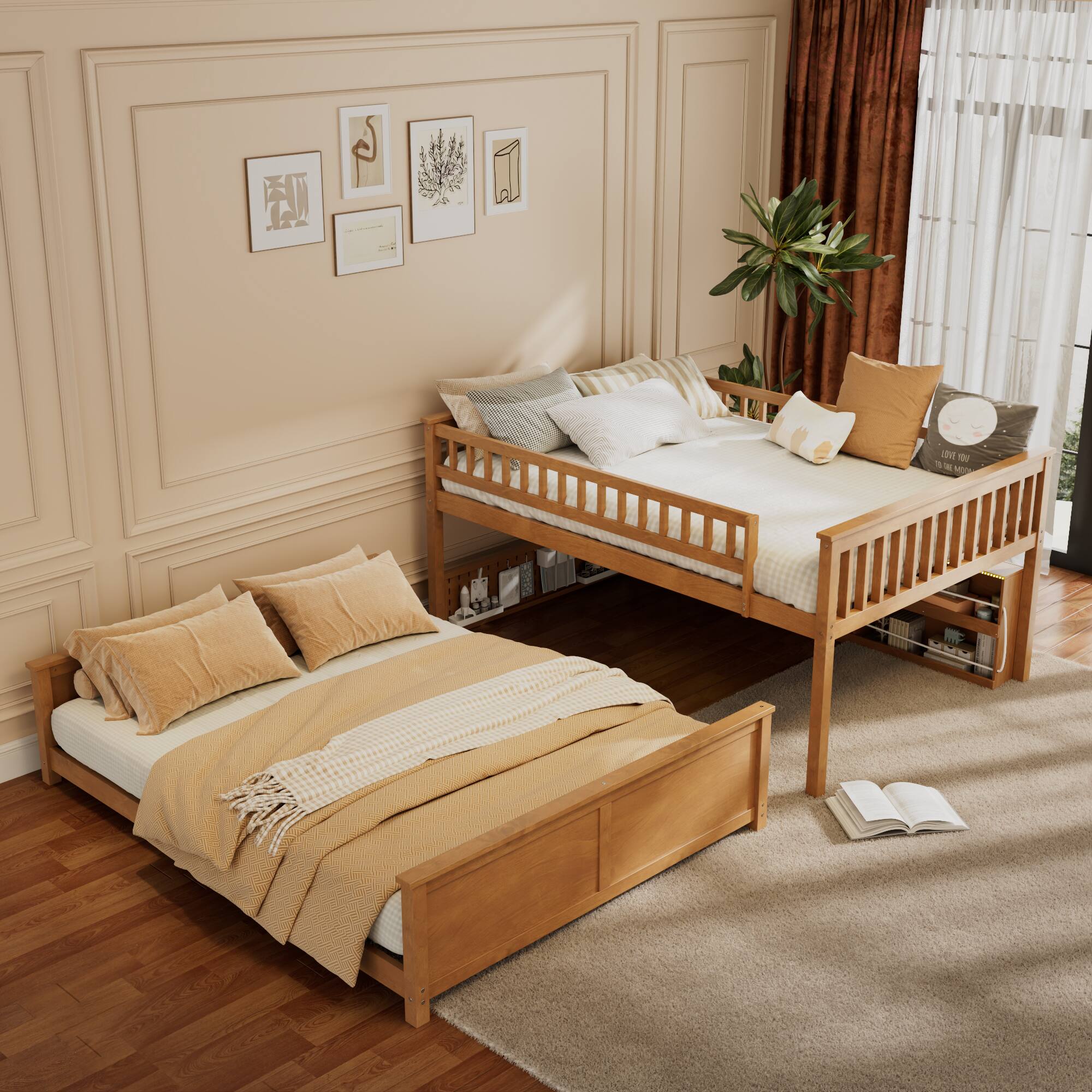 Angle. Anysun - Full XL over Queen Bunk Bed with Integrated Shelving, Color-Changing Lights and Pegboard - Brown.