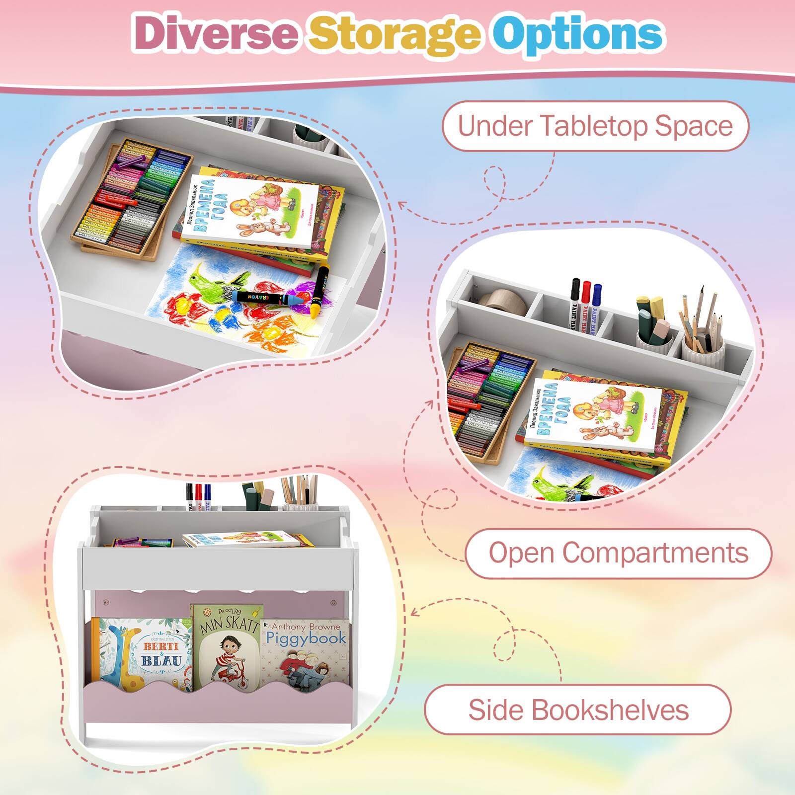 Diverse Storage Options

- Under Tabletop Space
- Open Compartments
- Side Bookshelves