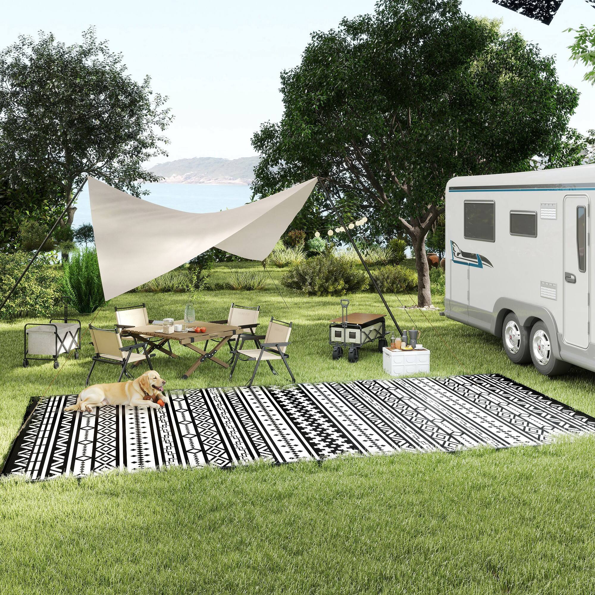 Alt View 7. Outsunny - Outdoor Rug for Patio, 9' x 18' Waterproof Large Mat, Reversible Plastic Straw Rug for Décor - Black and White Geometric Wall.