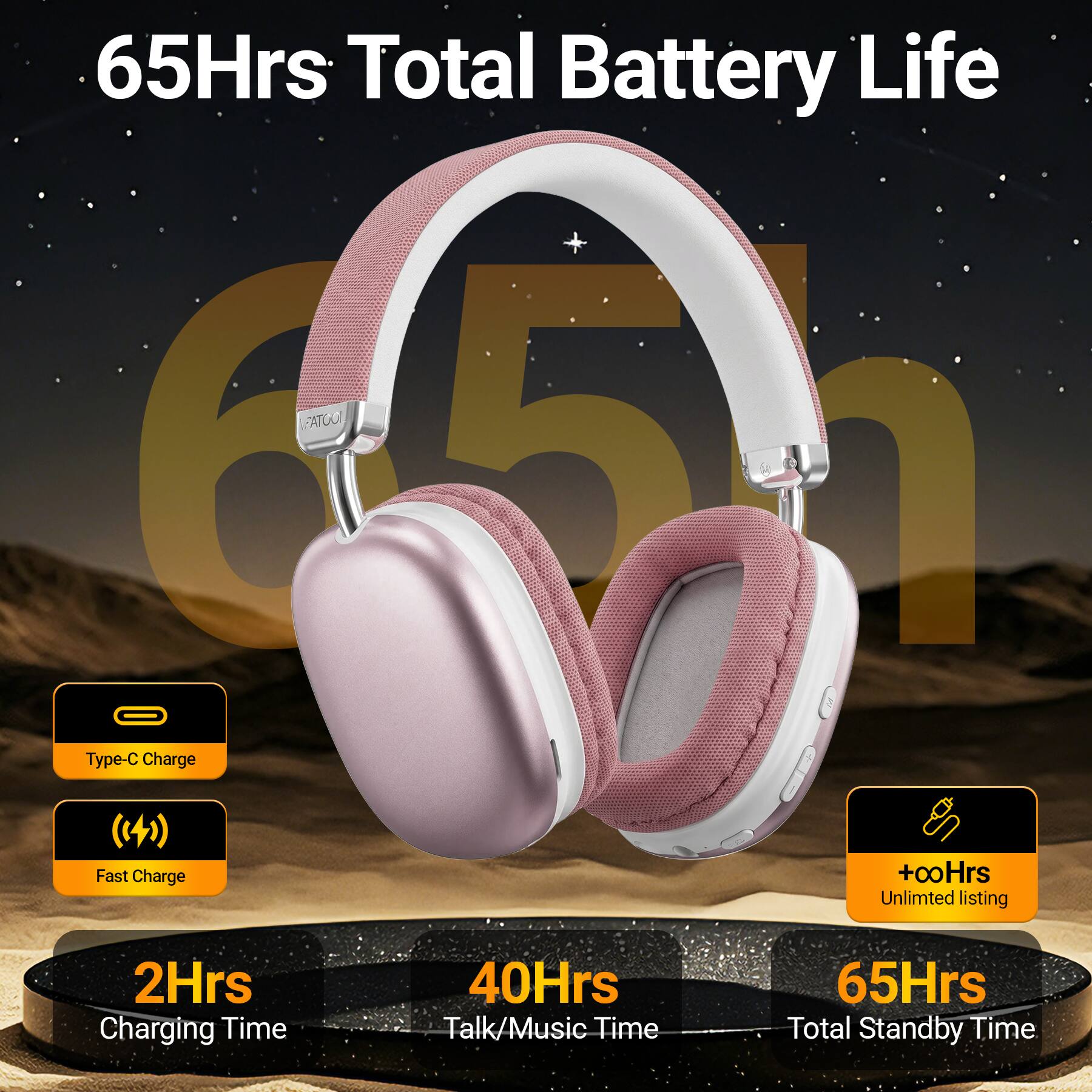 65Hrs Total Battery Life  
FATOOL Type-C Charge  
Fast Charge  
+00Hrs Unlimited listing  
2Hrs Charging Time  
40Hrs Talk/Music Time  
65Hrs Total Standby Time