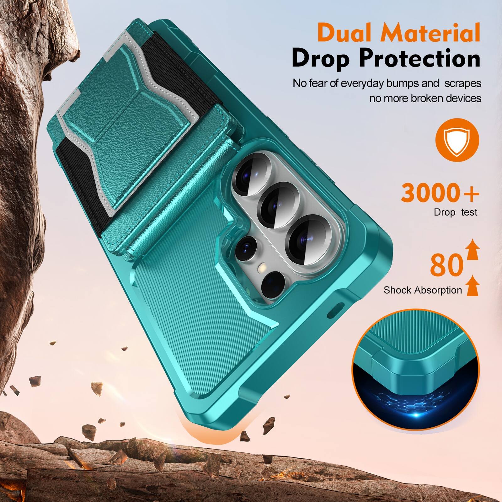 Dual Material Drop Protection  
No fear of everyday bumps and scrapes, no more broken devices  

3000+ Drop test  
80 Shock Absorption