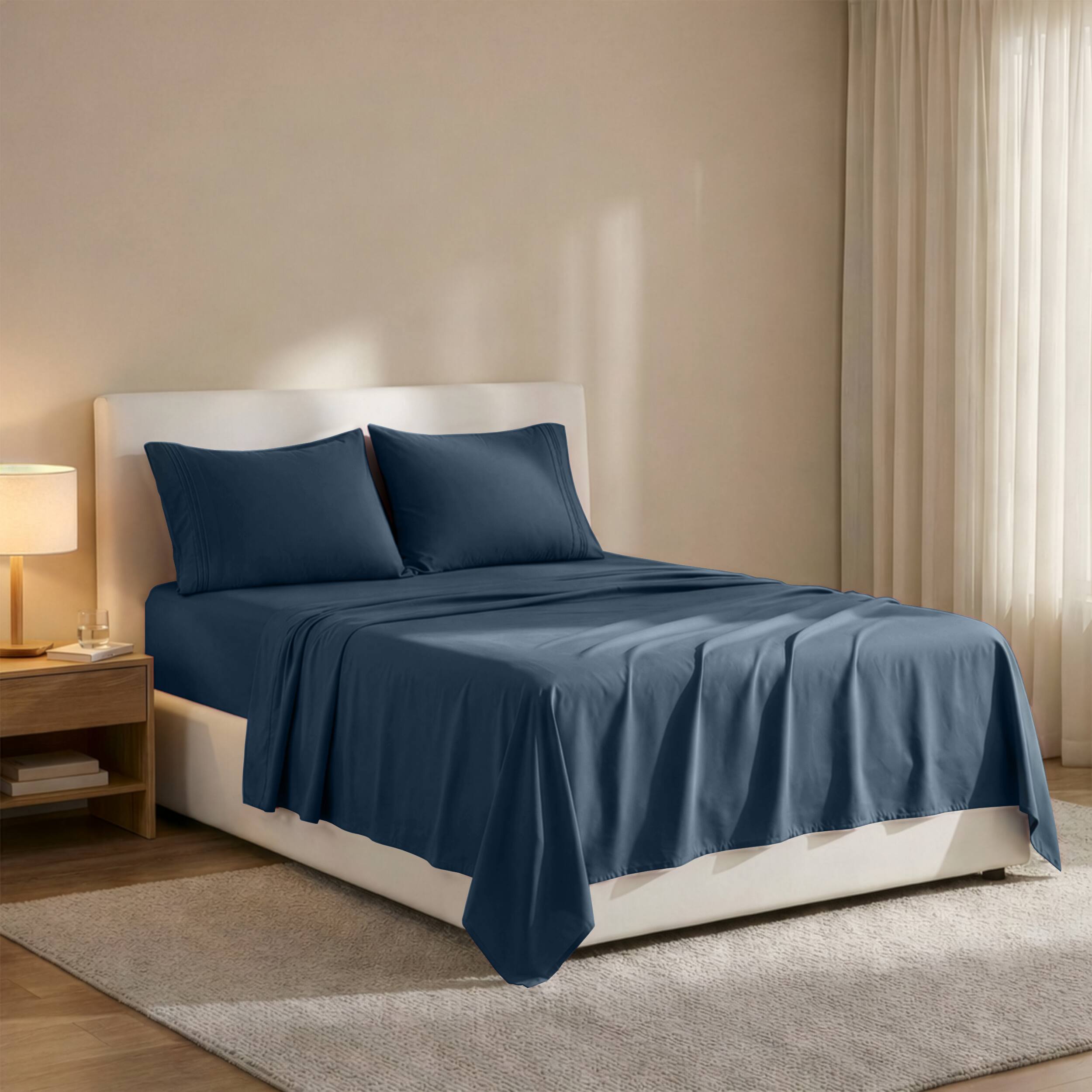 Angle. Lux Decor Collection - 4-Piece Queen Bed Sheet Set, Ultra Soft Microfiber, Deep Pocket, Wrinkle-Resistant, Hypoallergenic, All-Season Comfort - Navy Blue.