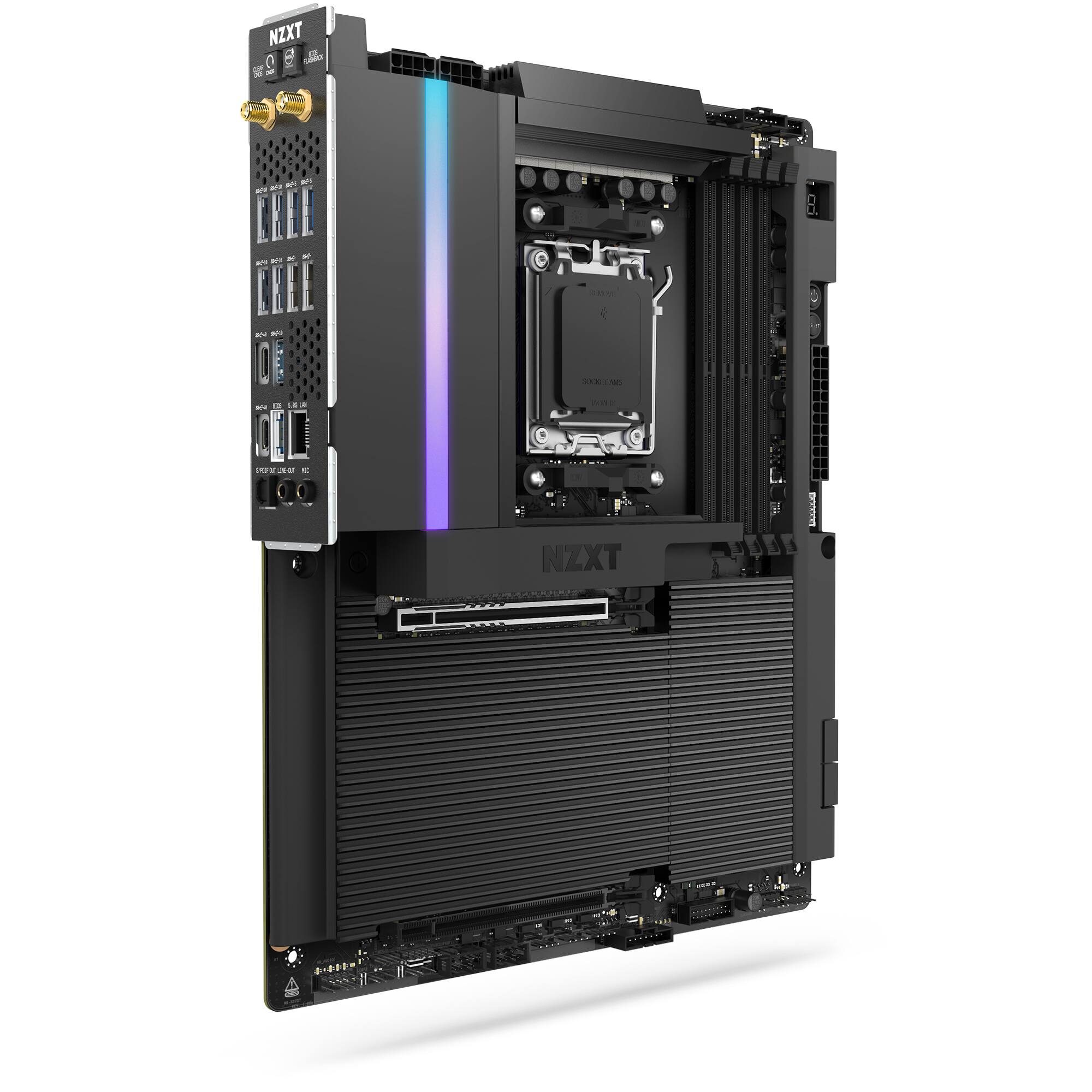 NZXT is a company that manufactures computer components, including cases and motherboards. The image shows a close-up of a NZXT computer case, which is black and features a purple light. The case is designed to hold a motherboard and other components, providing a protective and functional enclosure for the computer system.