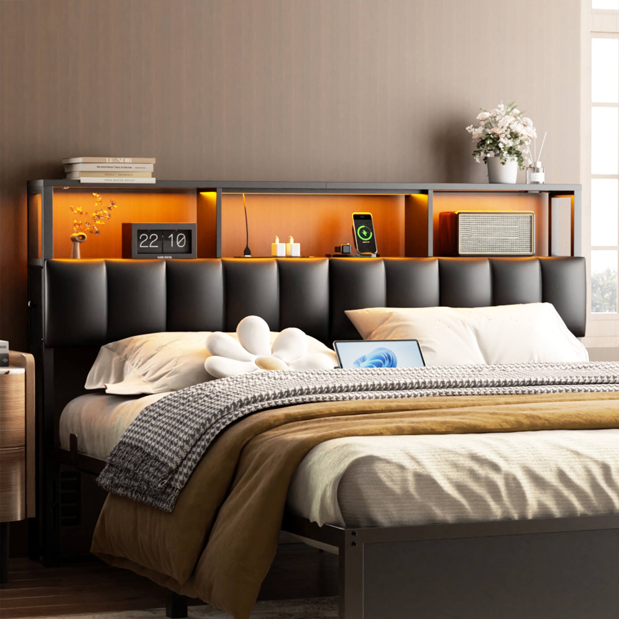 Alt View 3. Aheaplus - Queen Upholstered Headboard with Charging Station, LED Light, and 2 Drawers, Storage Headboard for Bedroom - Black.