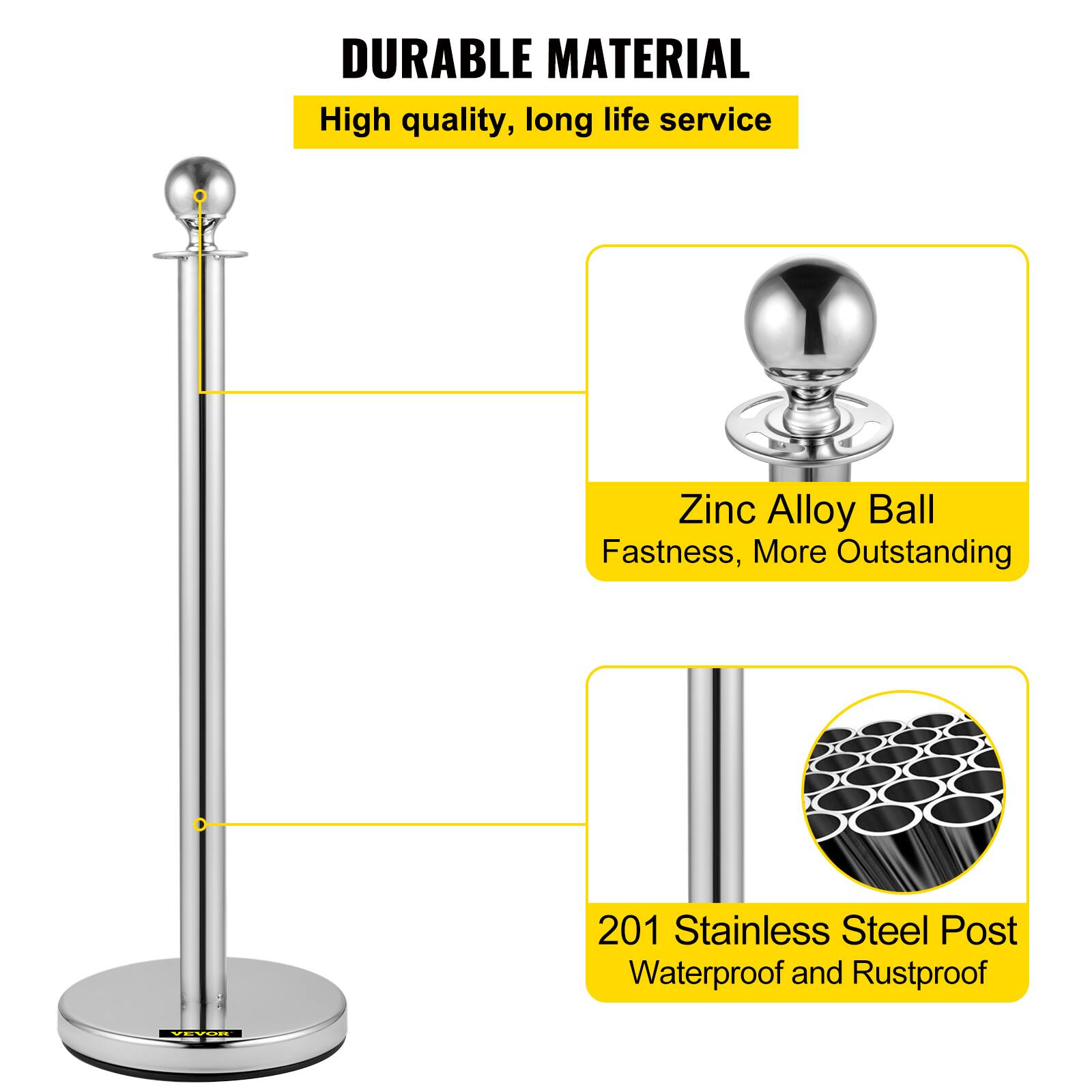 DURABLE MATERIAL  
High quality, long life service  

Zinc Alloy Ball  
Fastness, More Outstanding  

201 Stainless Steel Post  
Waterproof and Rustproof