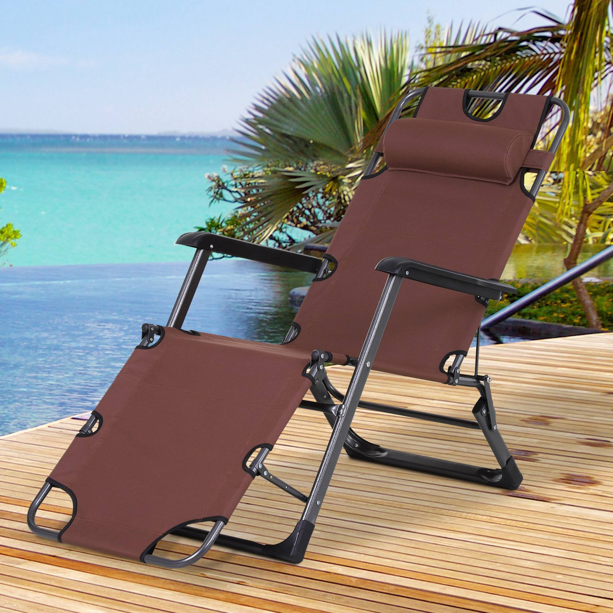 Alt View 1. Outsunny - Folding Chaise Lounge Chair for Outside, 2-in-1 Tanning Chair with Pillow & Pocket, Adjustable Pool Chair for Beach - Brown.