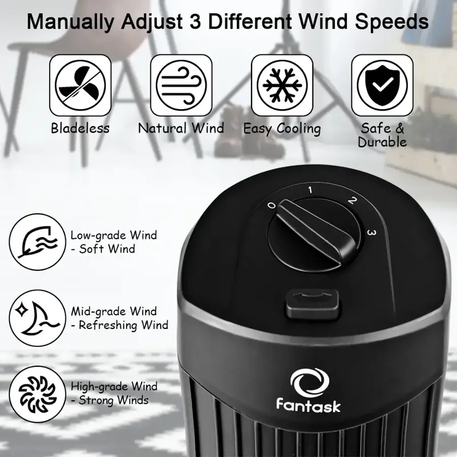 Manually Adjust 3 Different Wind Speeds: Bladeless, Natural Wind, Easy Cooling, Safe & Durable.