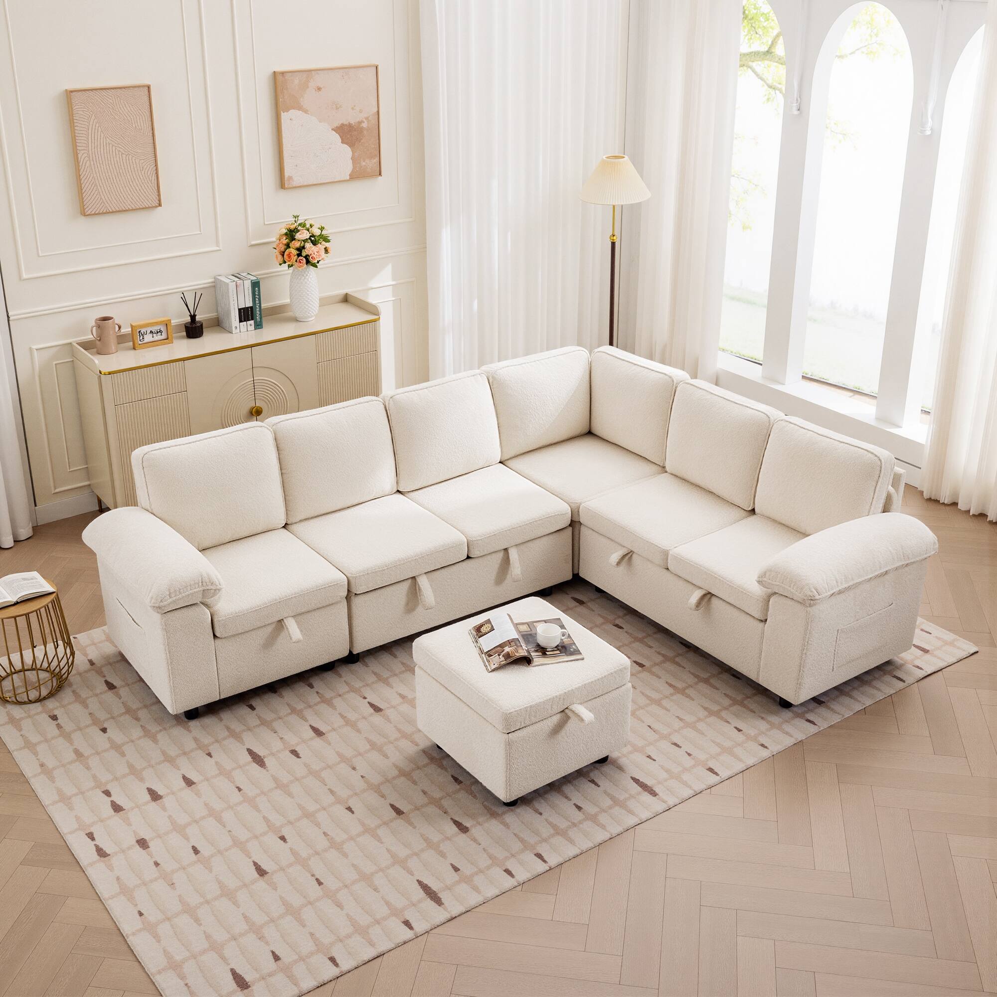 Alt View 1. KERDOM - Oversized Pullout Sofa Couch with Storage Ottoman, Side Pocket, Washable Covers, Sectional Sofa Bed Free Combination - White-D.