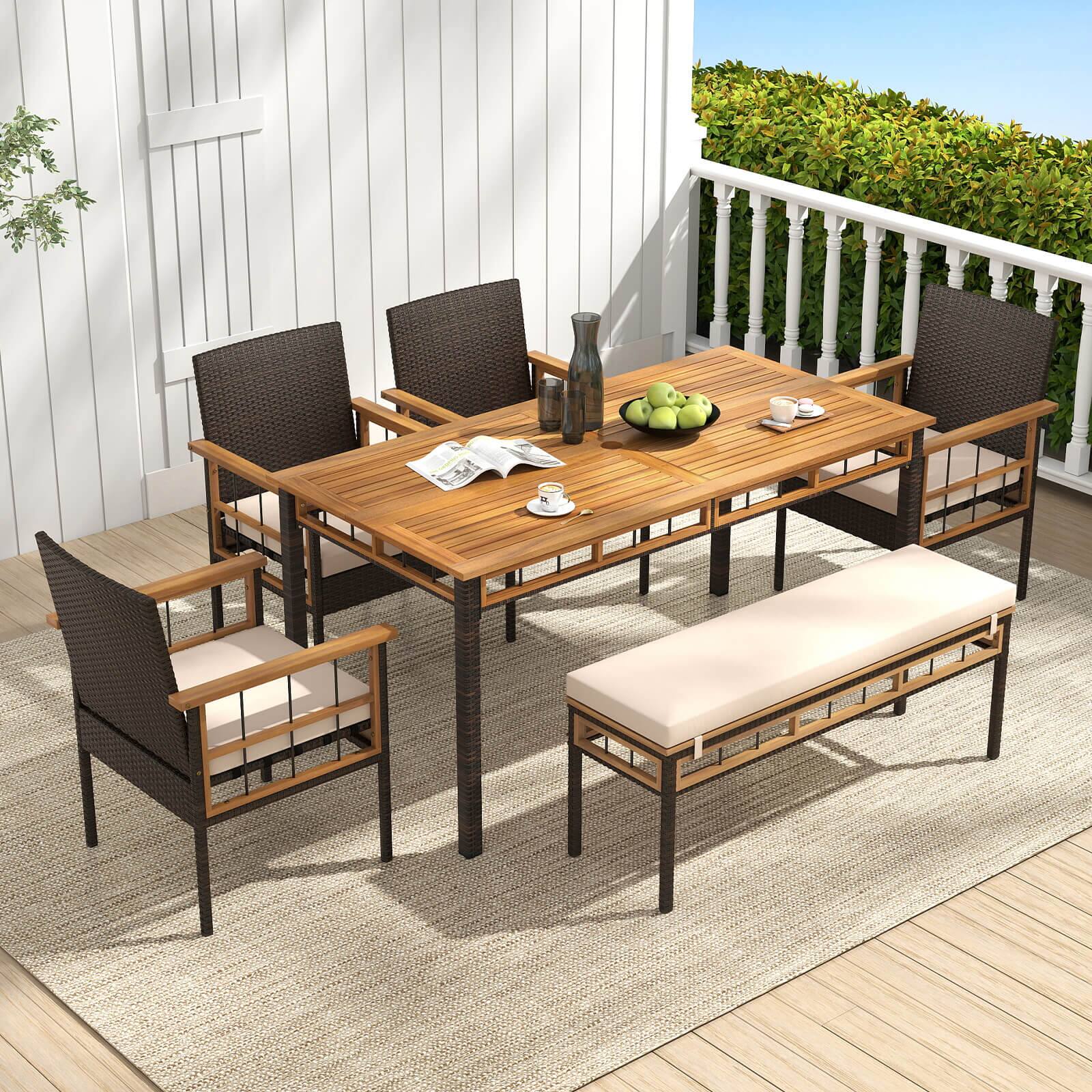 Alt View 5. Costway - Costway 63" Outdoor Dining Table with Acacia Wood Slatted Tabletop, 1.97" Umbrella Hole - Natural,Black.