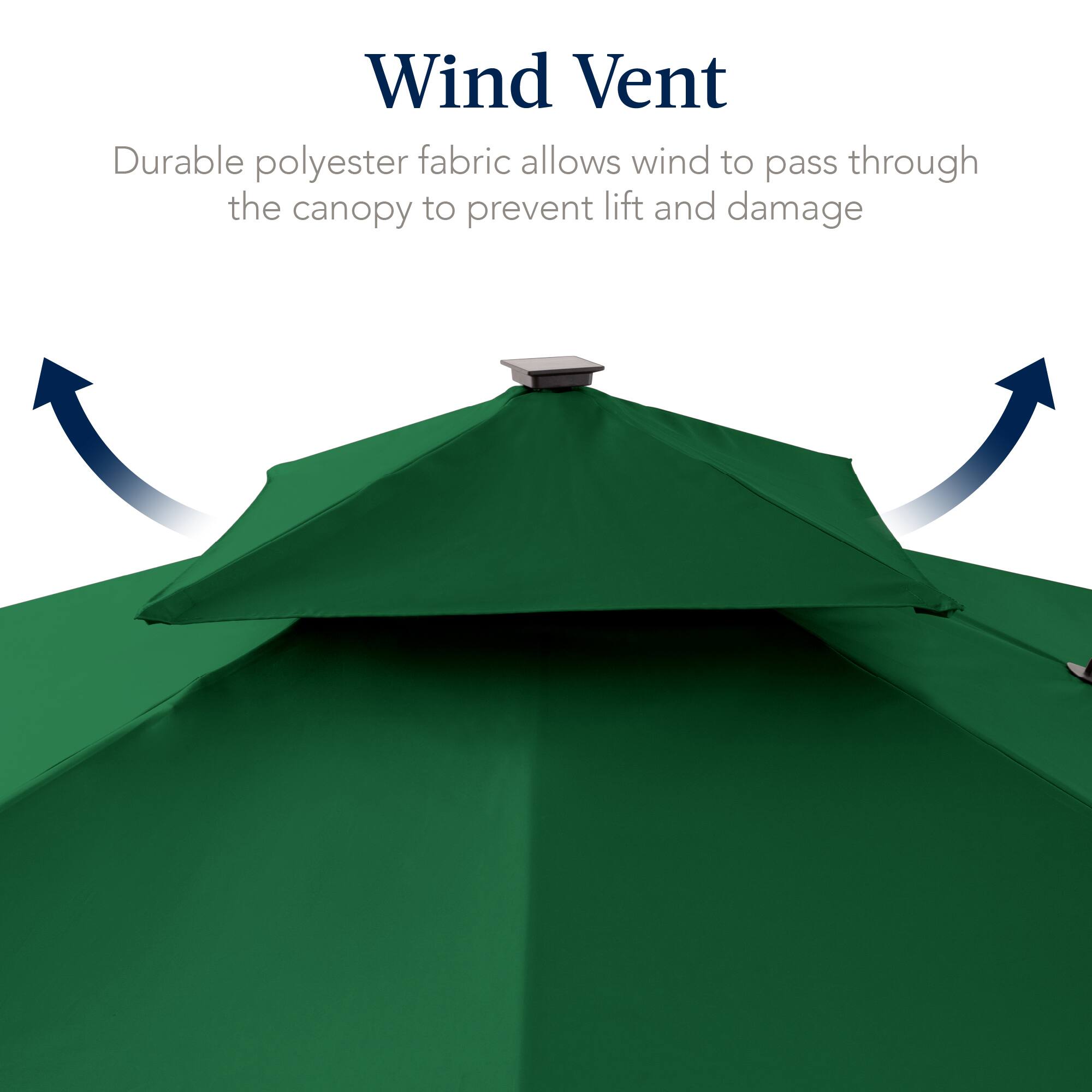 Wind Vent  
Durable polyester fabric allows wind to pass through the canopy to prevent lift and damage