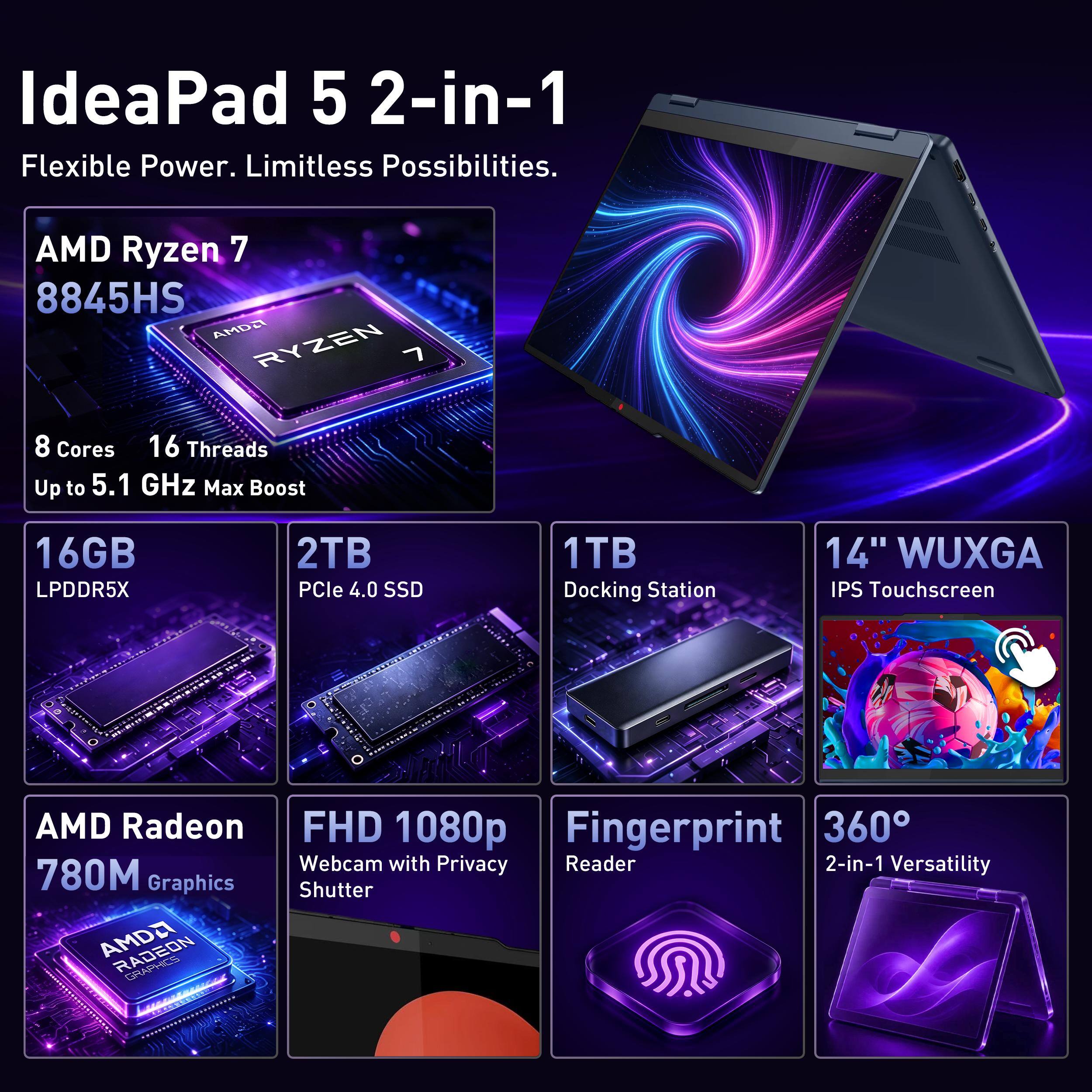 IdeaPad 5 2-in-1  
Flexible Power. Limitless Possibilities.

AMD Ryzen 7 8845HS  
8 Cores 16 Threads  
Up to 5.1 GHz Max Boost

16GB LPDDR5X  
2TB PCIe 4.0 SSD  
1TB Docking Station  
14" WUXGA IPS Touchscreen

AMD Radeon 780M Graphics  
FHD 1080p Webcam with Privacy Shutter  
Fingerprint Reader  
360° 2-in-1 Versatility