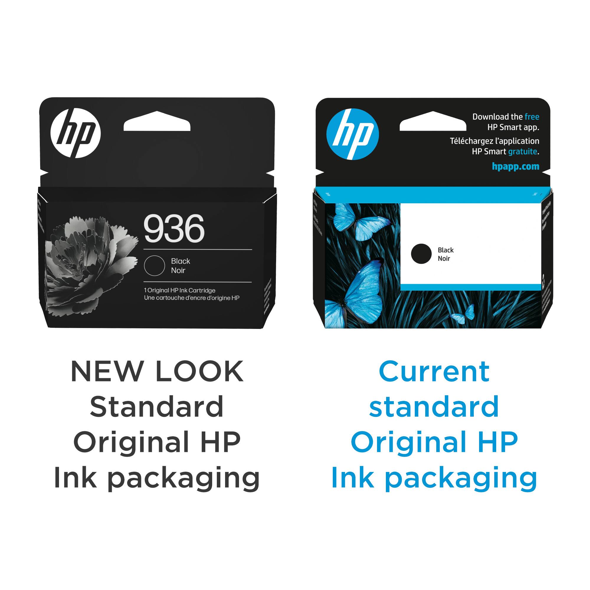 The text on the image has been grouped and corrected as follows:

1. "hp hp Download the free HP Smart app. Tlchargez l'application HP Smart gratuite. hpapp.com"
2. "936 Black Noir Black Noir 1 Original HP ank Cartridge Une cartouche d'encra d'origine HP"
3. "NEW LOOK Standard Original HP Ink packaging Current standard Original HP Ink packaging"