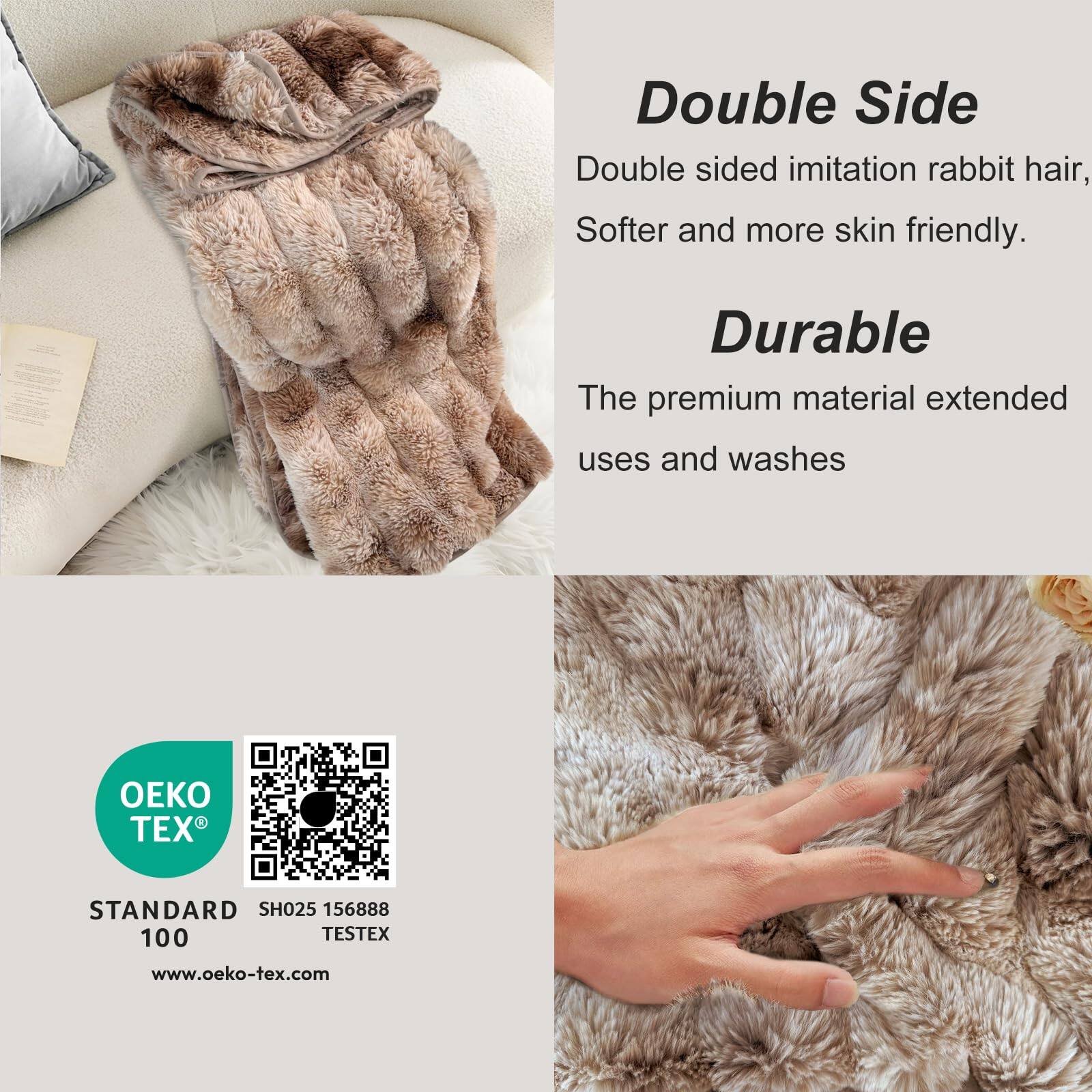 Double Side  
Double sided imitation rabbit hair, softer and more skin friendly.

Durable  
The premium material extended uses and washes

OEKO TEX®  
STANDARD 100  
SH025 156888  
TESTEX  
www.oeko-tex.com